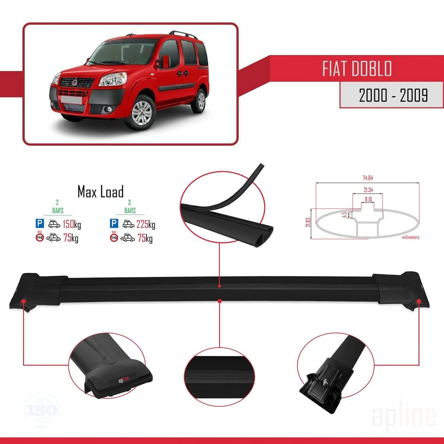 Compatible with Fiat Doblo 2000-2009 Fly Model Car Roof Rack Cross Bar Black Aluminium 2 Bars