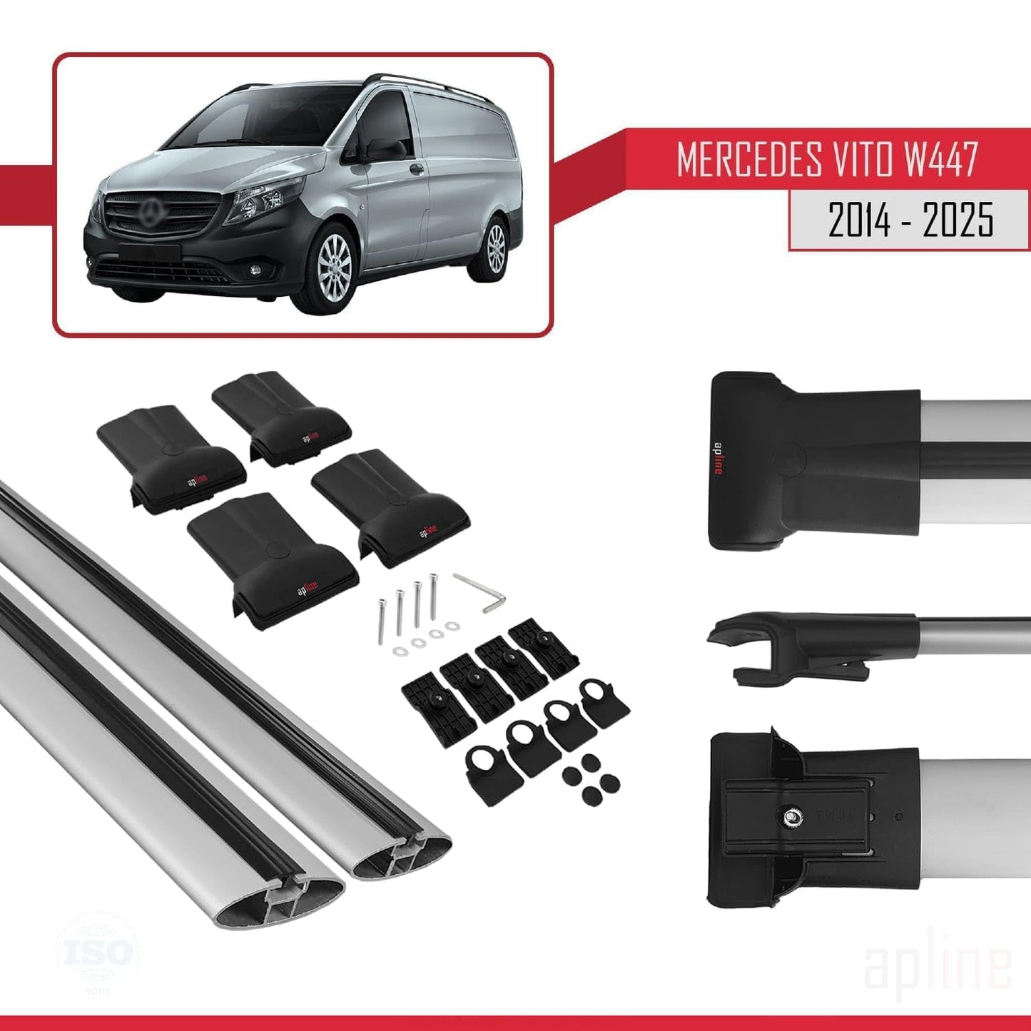 Compatible with Mercedes Vito 3 (W447) 2014-2025 Fly Model Car Roof Rack Cross Bar Grey Aluminium 2 Bars