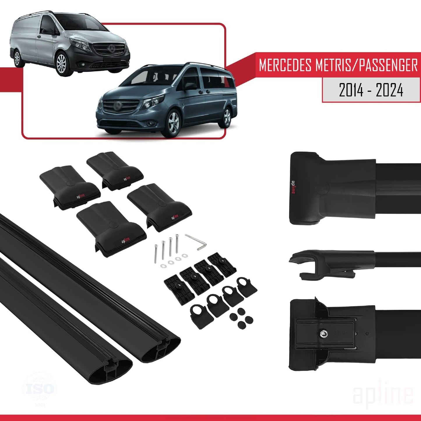 Compatible with Mercedes Metris (W447) 2014-2025 Fly Model Car Roof Rack Cross Bar Black Aluminium 2 Bars