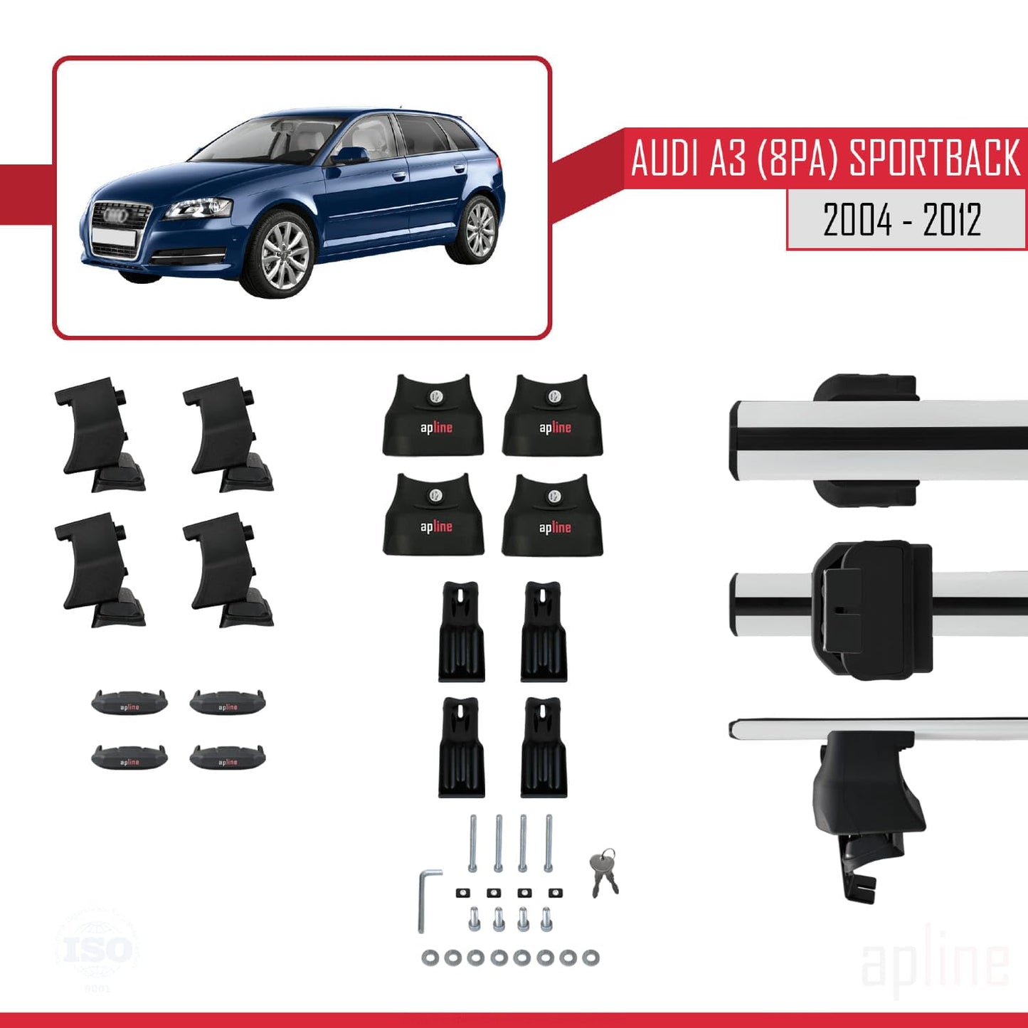 Compatible with Audi A3 (8PA) Sportback 2004-2012 ACE-4 Car Roof Rack Cross Bar Grey Aluminium 2 Bars