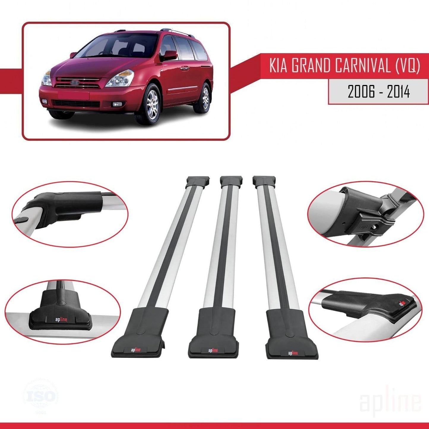 Compatible with Kia Grand Carnival 2 (VQ) 2006-2014 Fly Model Car Roof Rack Cross Bar Grey Aluminium 3 Bars