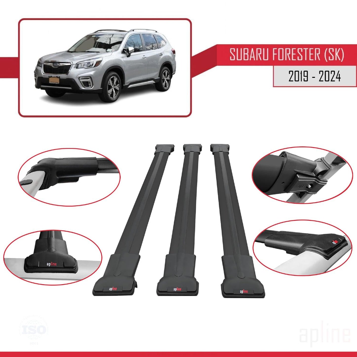 Compatible with Subaru Forester 5 (SK) 2019-2024 Fly Model Car Roof Rack Cross Bar Black Aluminium 3 Bars