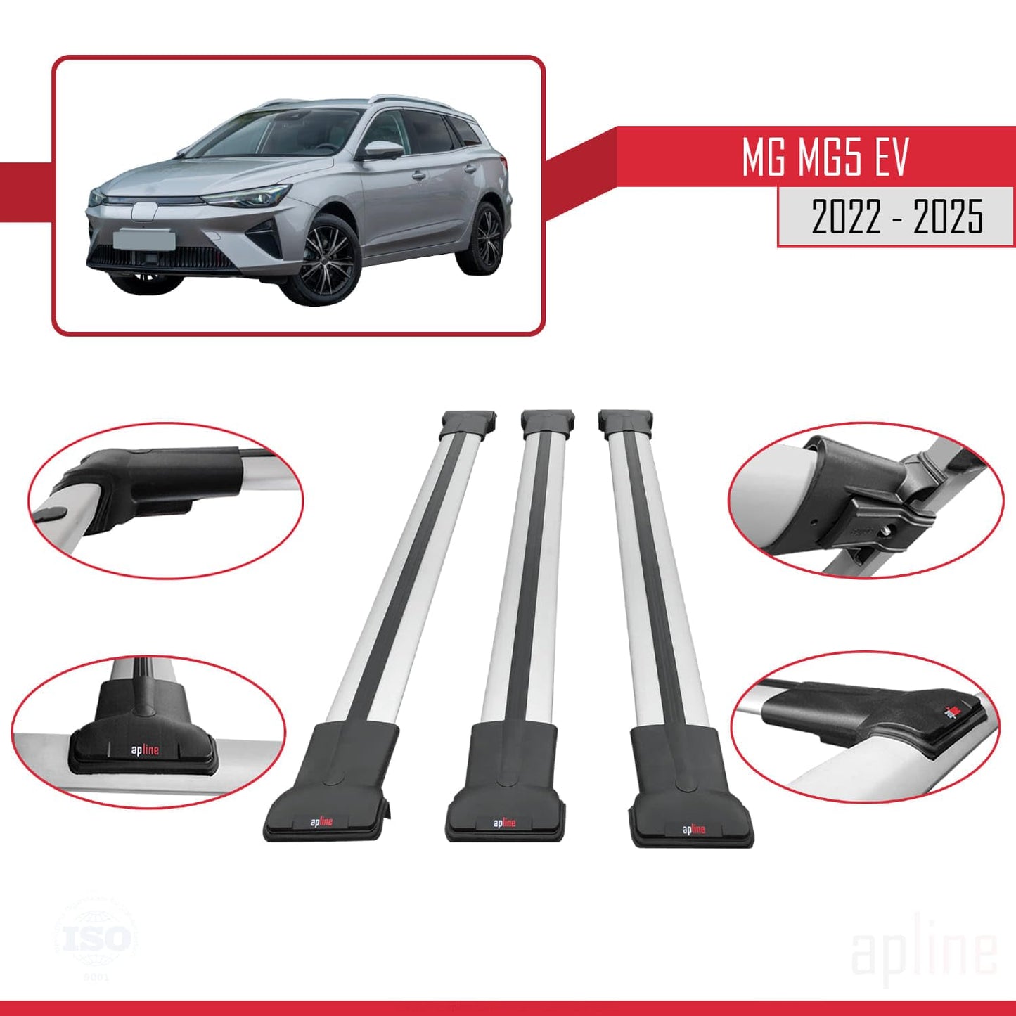 Compatible with MG 5 EV 2022-2025 Fly Model Car Roof Rack Cross Bar Grey Aluminium 3 Bars