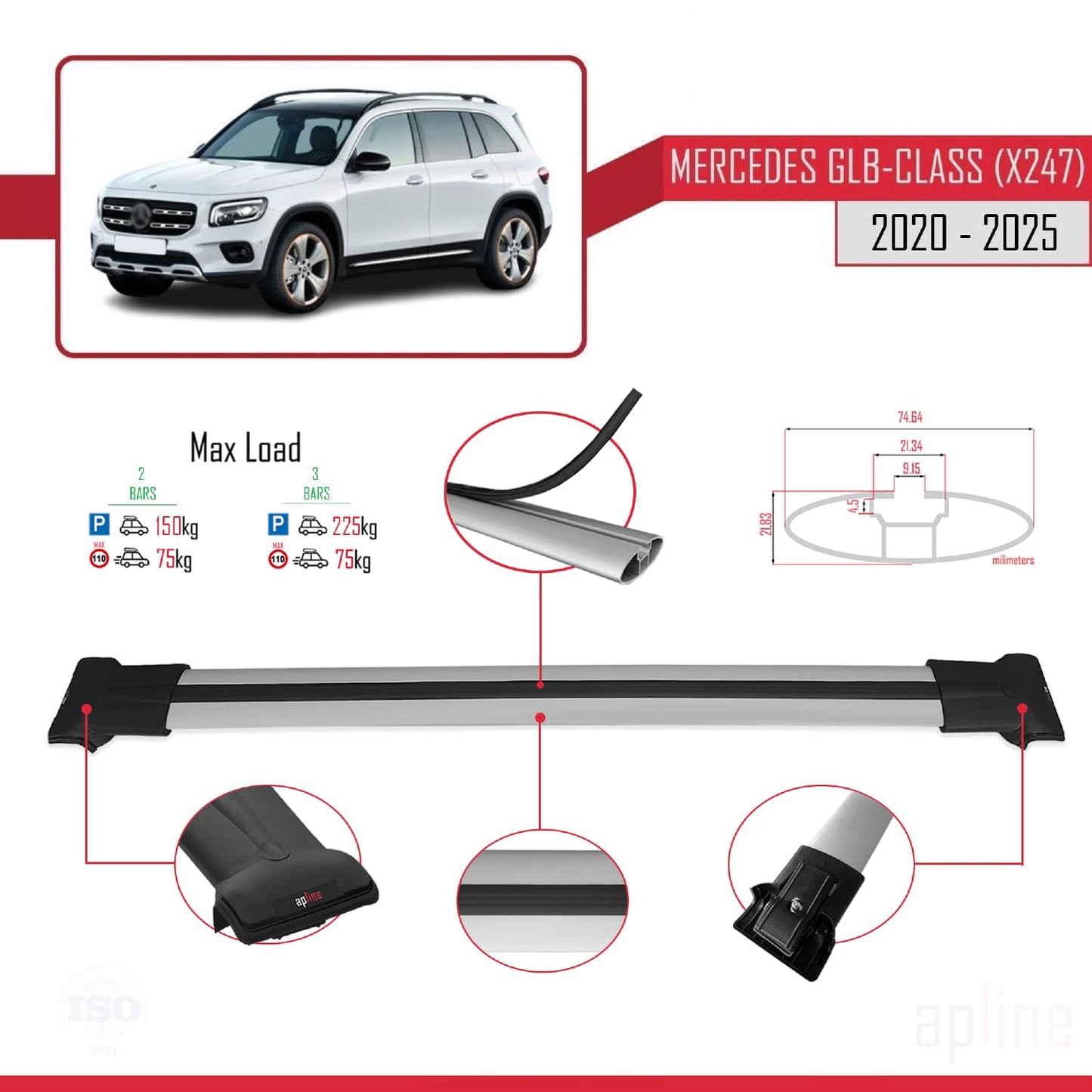 Compatible with Mercedes GLB Class (X247) 2020-2025 Fly Model Car Roof Rack Cross Bar Grey Aluminium 2 Bars