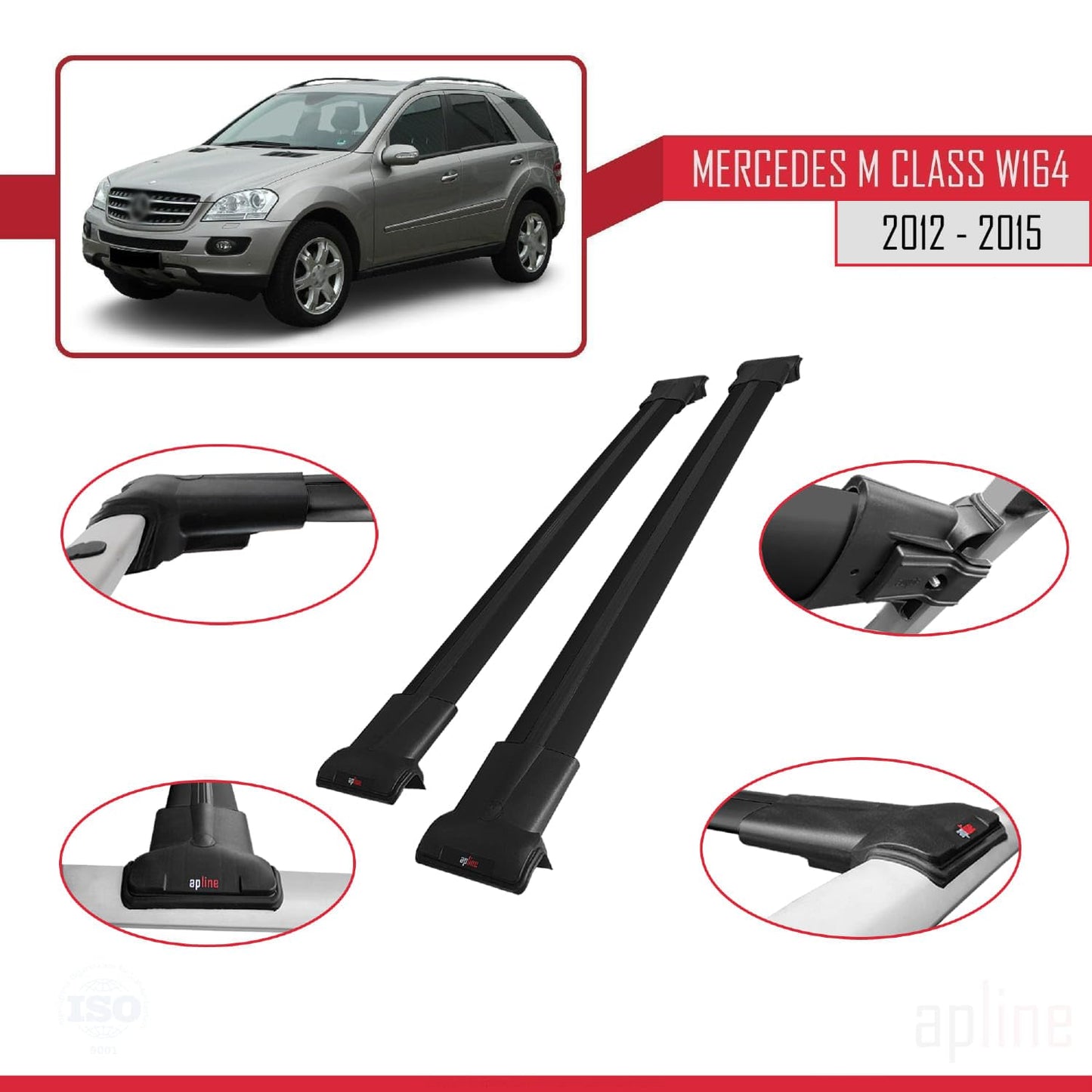 Compatible with Mercedes M Class 3 (W166) Pre-Facelift 2012-2015 Fly Model Car Roof Rack Cross Bar Black Aluminium 2 Bars