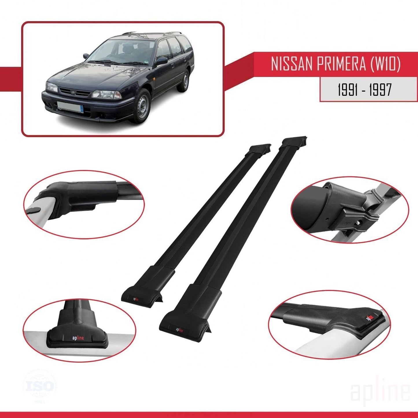 Compatible with Nissan Primera (W10) Traveller 1991-1997 Fly Model Car Roof Rack Cross Bar Black Aluminium 2 Bars