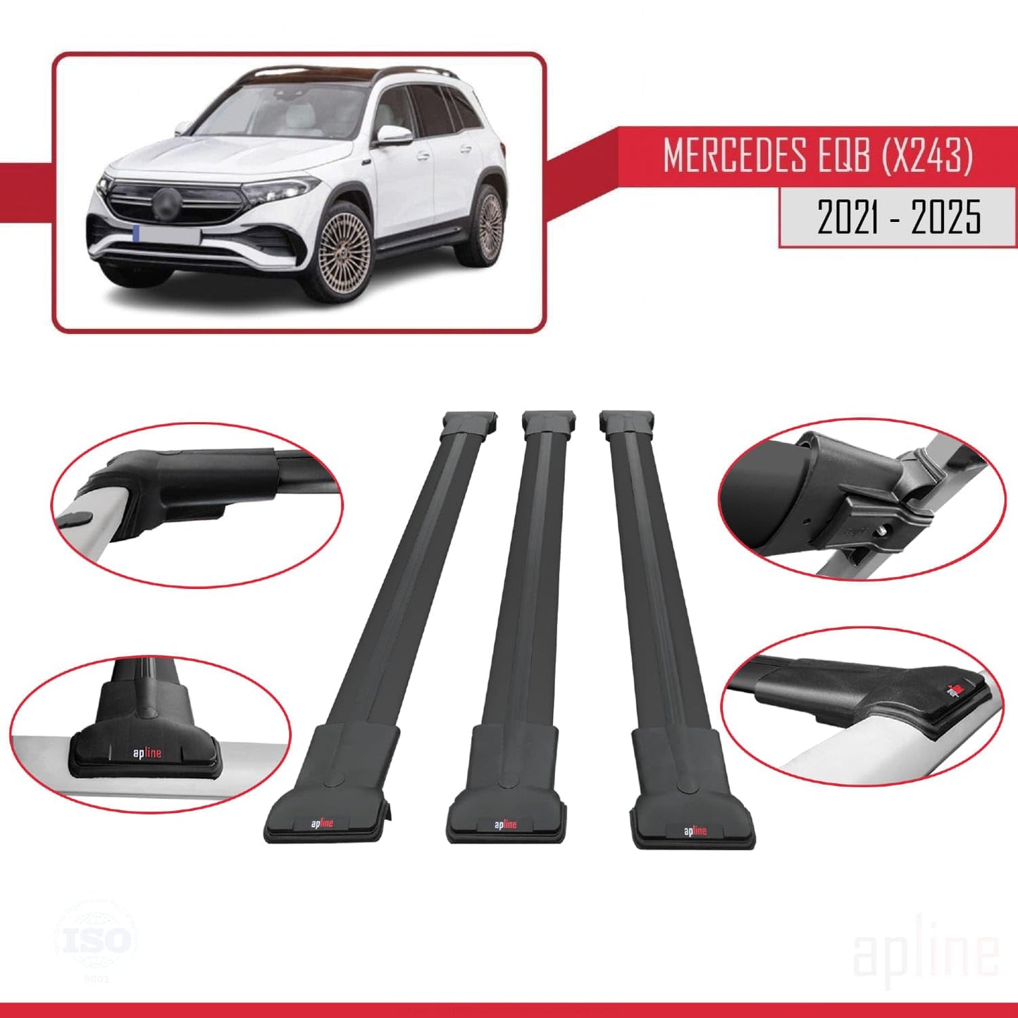 Compatible with Mercedes EQB (X243) 2021-2025 Fly Model Car Roof Rack Cross Bar Black Aluminium 3 Bars