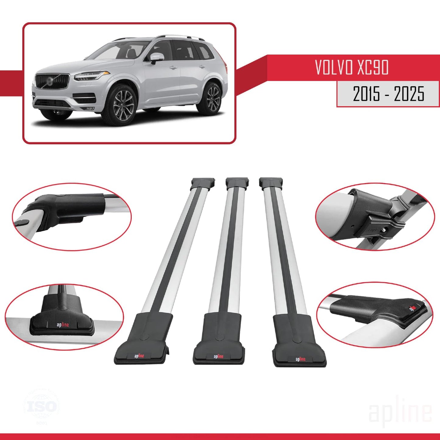 Compatible with Volvo XC90 II 2015-2025 Fly Model Car Roof Rack Cross Bar Grey Aluminium 3 Bars