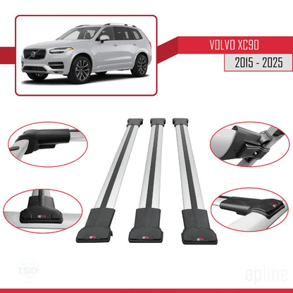 Compatible with Volvo XC90 II 2015-2025 Fly Model Car Roof Rack Cross Bar Grey Aluminium 3 Bars