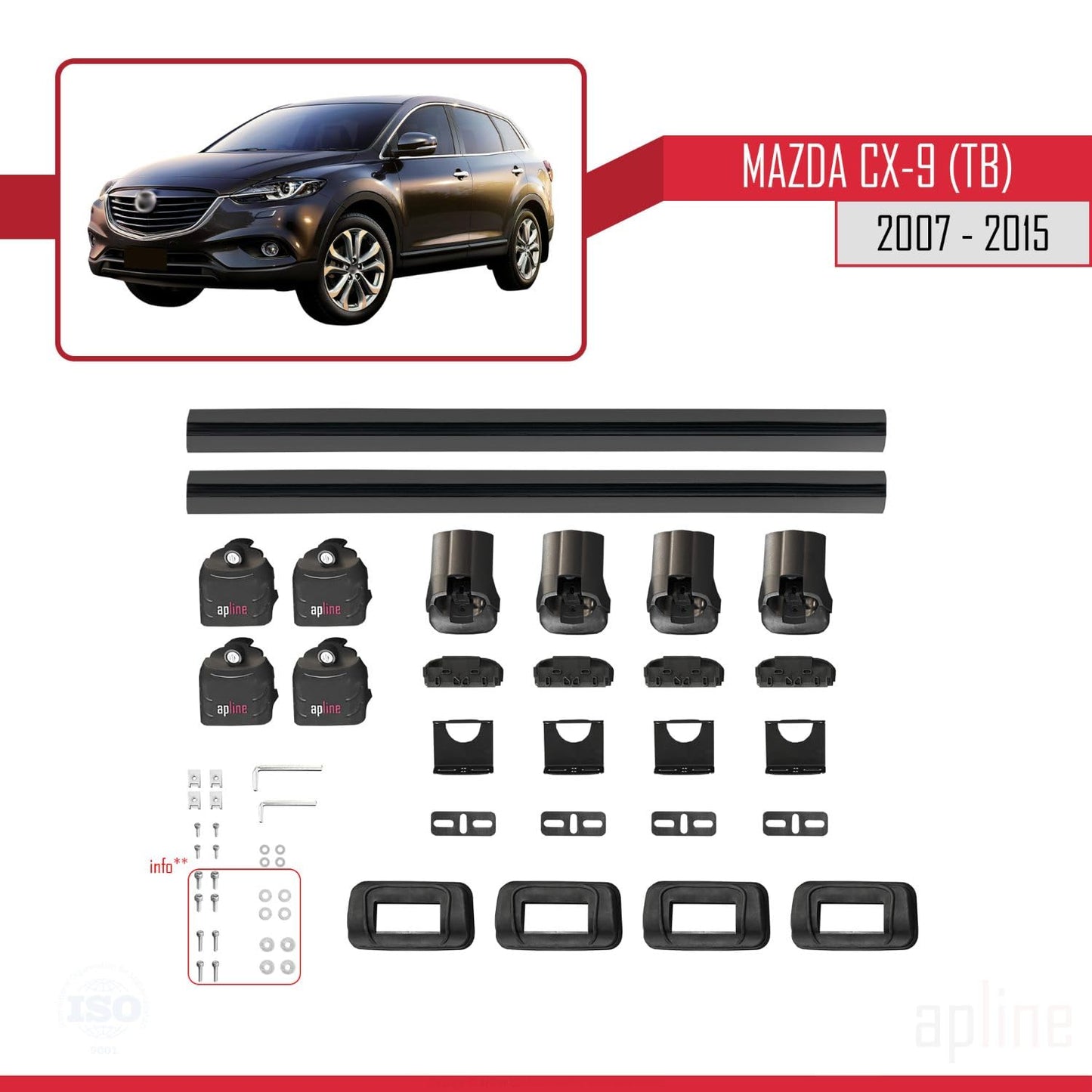 Compatible with Mazda CX-9 (TB) 2007-2015 ACE-3 Car Roof Rack Cross Bar Black Aluminium 2 Bars