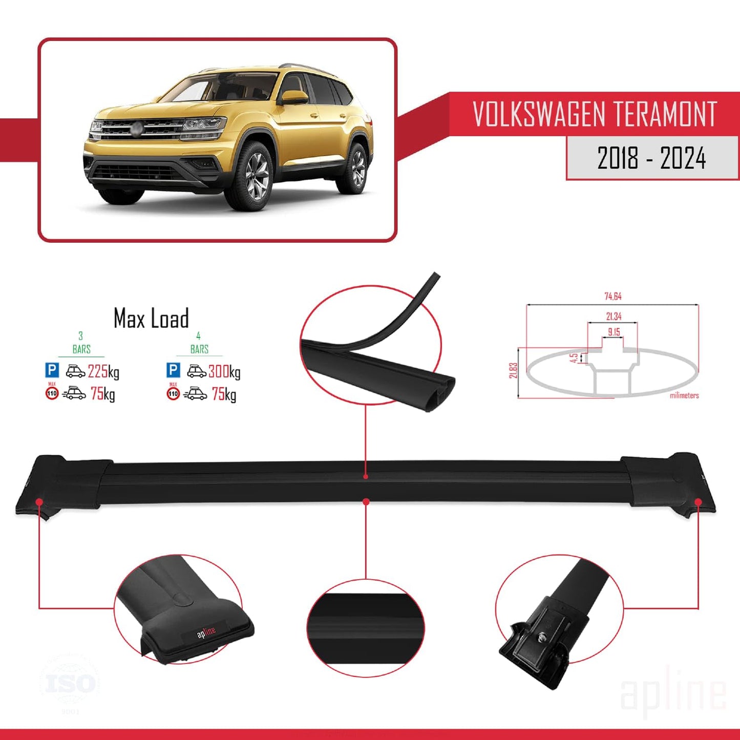 Compatible with Volkswagen Teramont (CA1) 2018-2024 Fly Model Car Roof Rack Cross Bar Black Aluminium 3 Bars