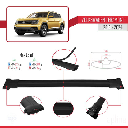 Compatible with Volkswagen Teramont (CA1) 2018-2024 Fly Model Car Roof Rack Cross Bar Black Aluminium 3 Bars