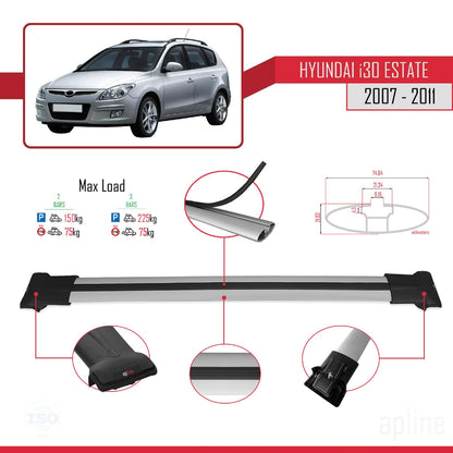 Compatible with Hyundai i30 (FD) SW 2007-2011 Fly Model Car Roof Rack Cross Bar Grey Aluminium 2 Bars