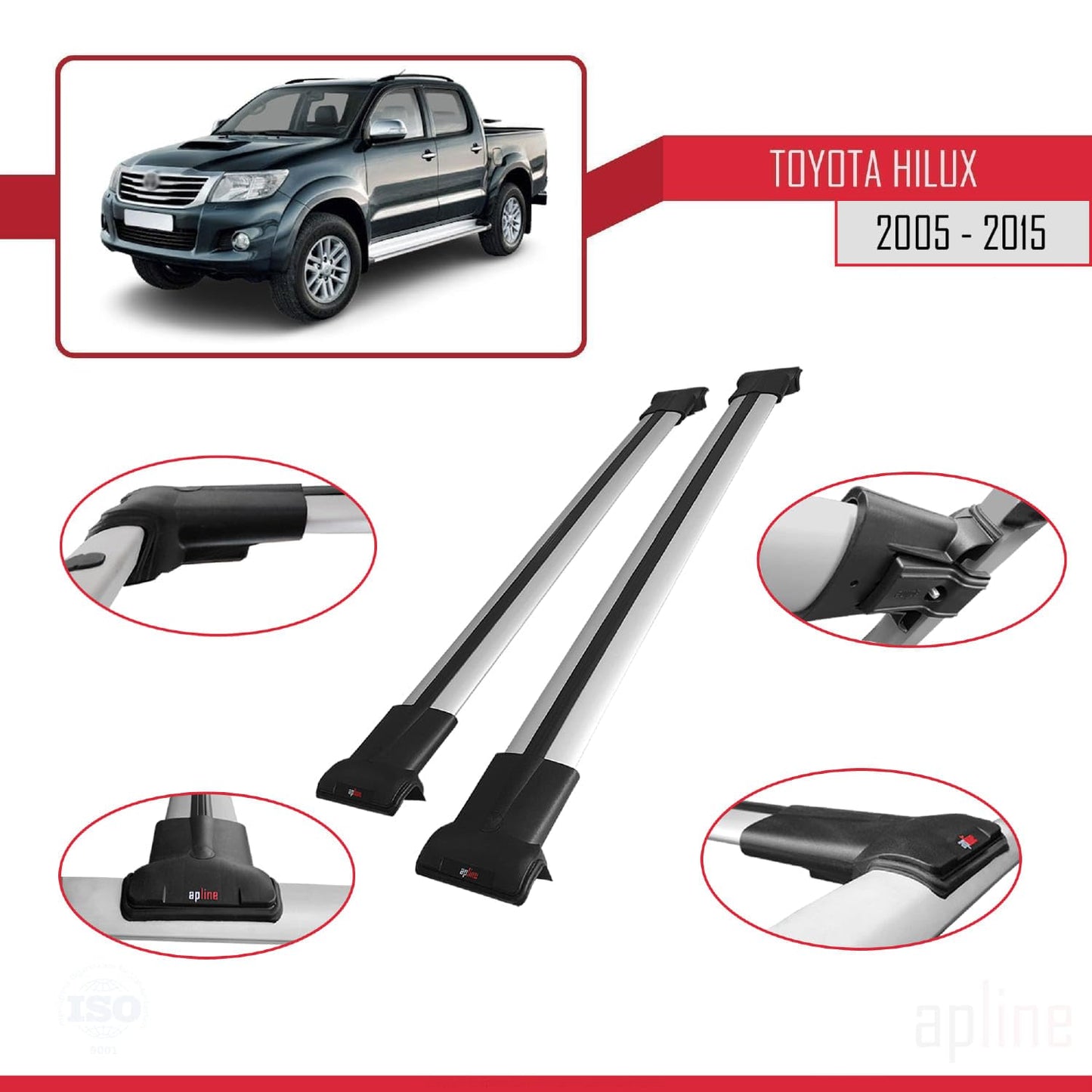 Compatible with Toyota Hilux 7 (AN30) 2005-2015 Fly Model Car Roof Rack Cross Bar Grey Aluminium 2 Bars