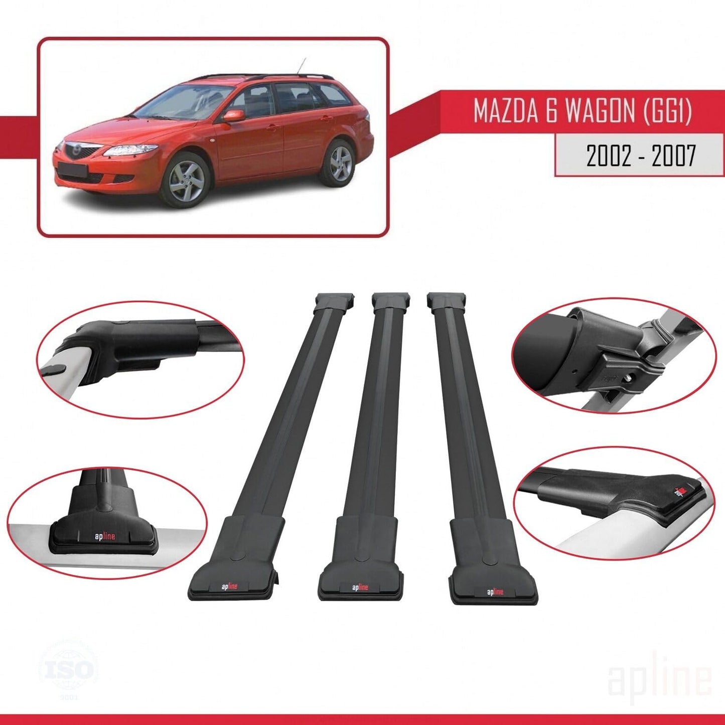Compatible with Mazda 6 I (GG1) 2002-2007 Fly Model Car Roof Rack Cross Bar Black Aluminium 3 Bars