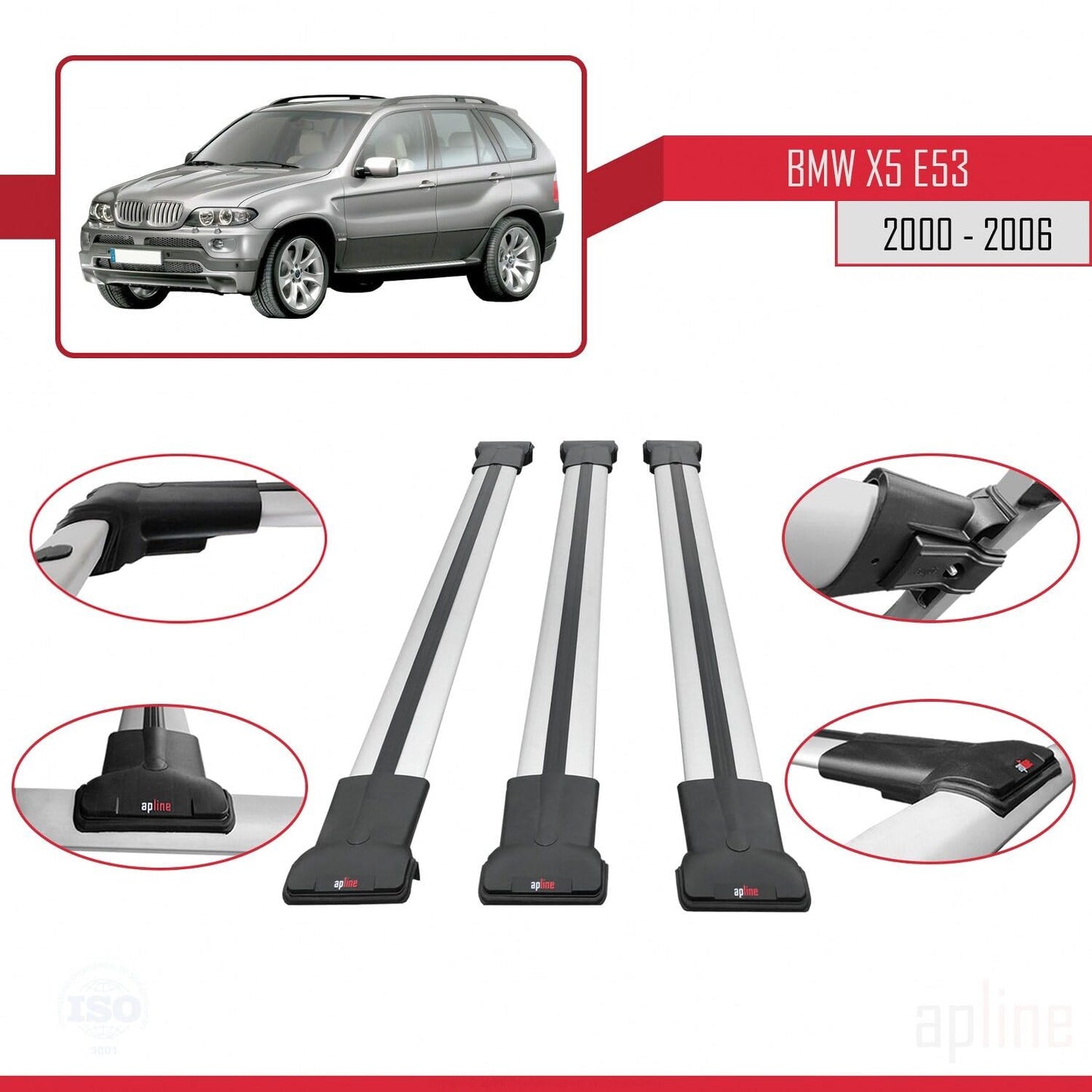 Compatible with BMW X5 (E53) 2000-2006 Fly Model Car Roof Rack Cross Bar Grey Aluminium 3 Bars