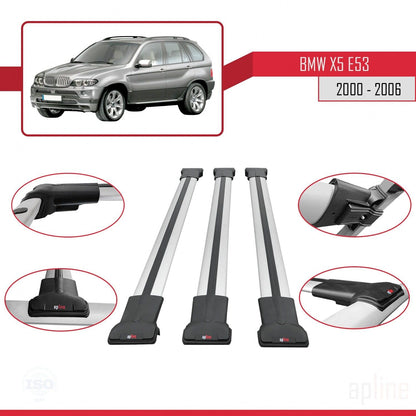 Compatible with BMW X5 (E53) 2000-2006 Fly Model Car Roof Rack Cross Bar Grey Aluminium 3 Bars
