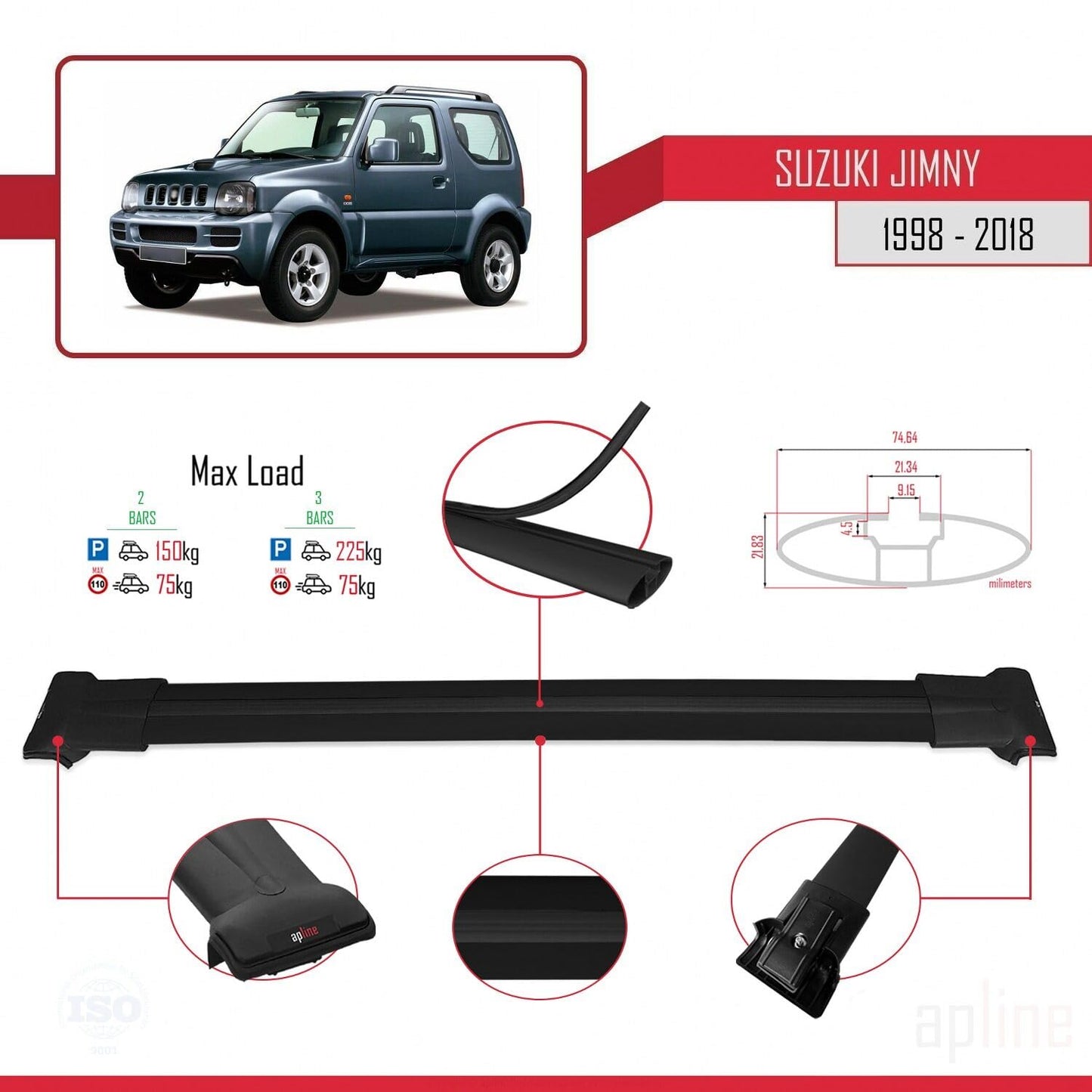 Compatible with Suzuki Jimny 3 1998-2018 Fly Model Car Roof Rack Cross Bar Black Aluminium 2 Bars