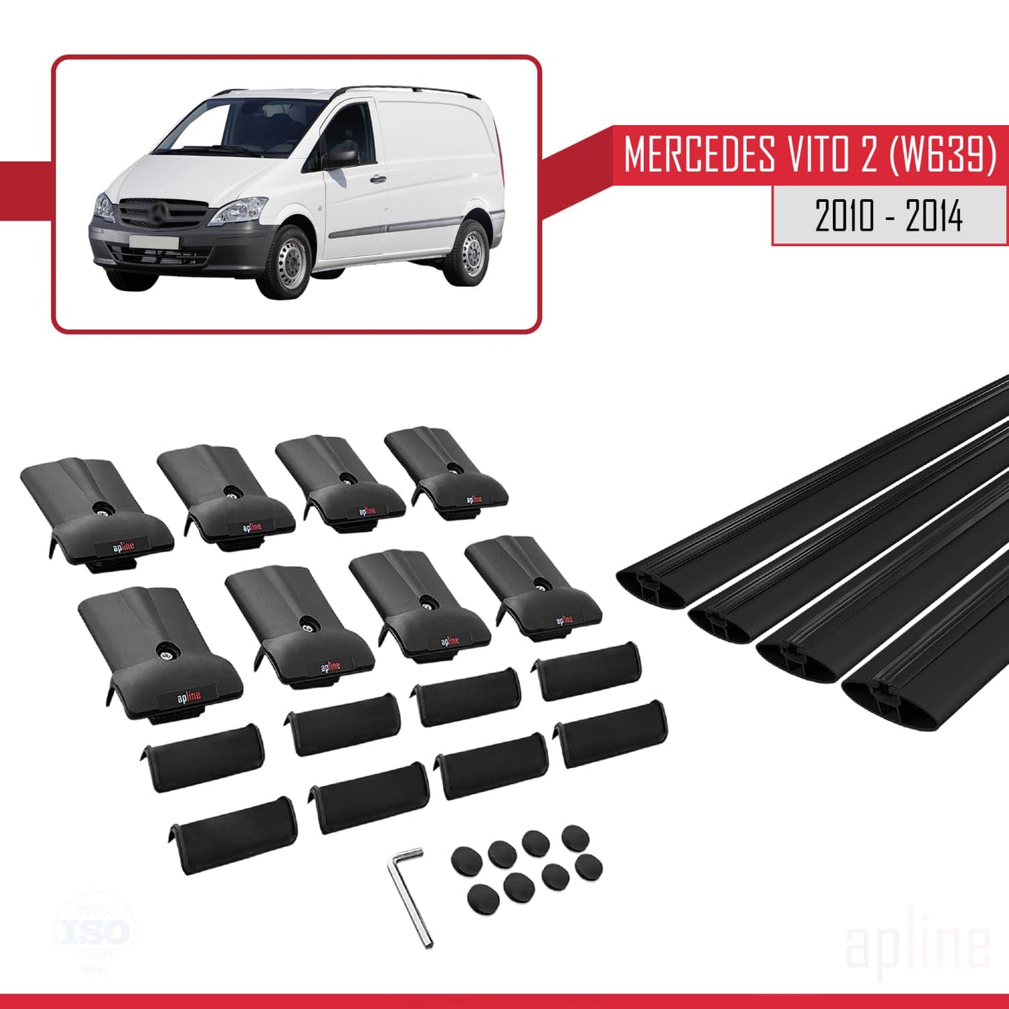 Compatible with Mercedes Vito 2 (W639) Post-Facelift 2010-2014 Fly Model Car Roof Rack Cross Bar Black Aluminium 4 Bars