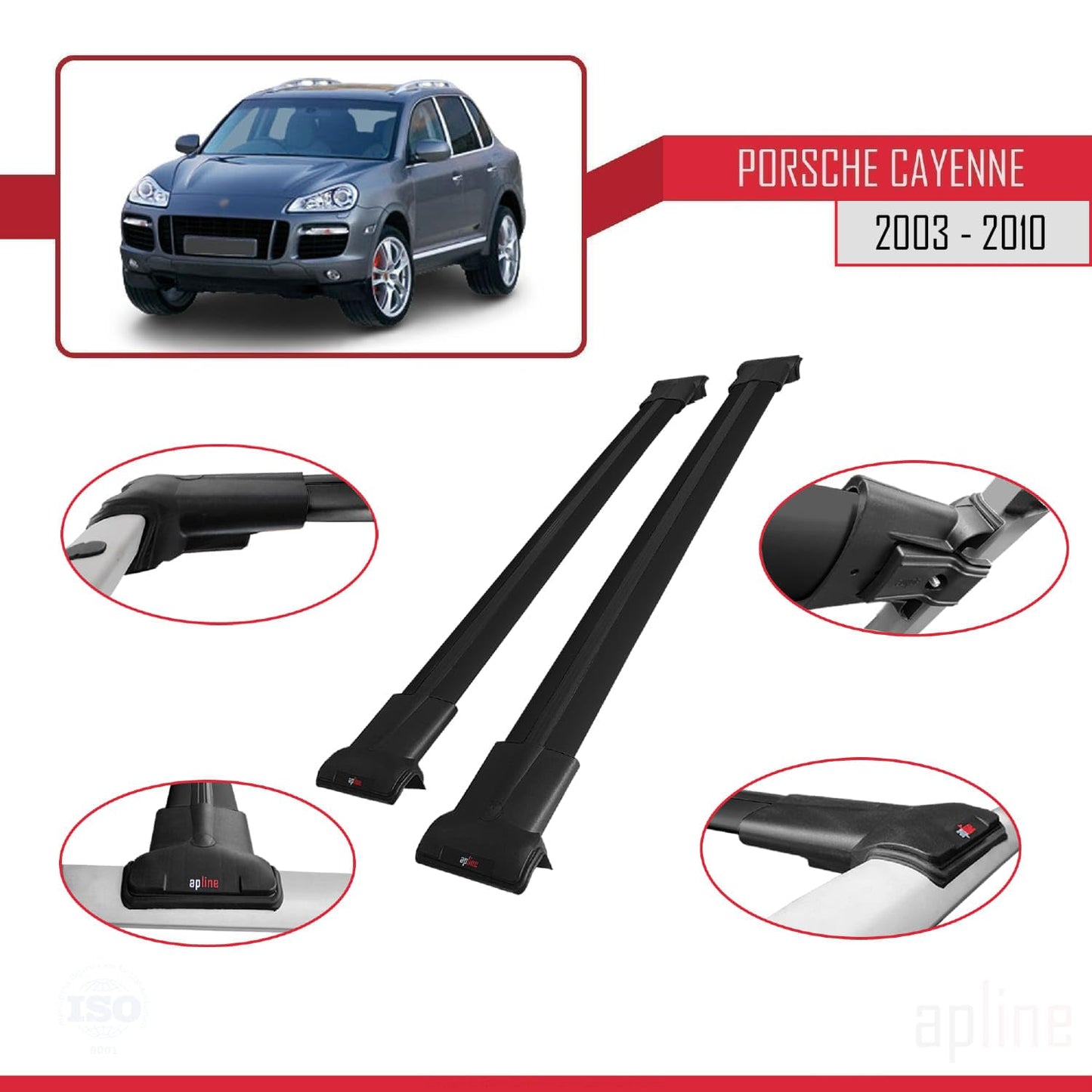 Compatible with Porsche Cayenne (9PA) 2003-2010 Fly Model Car Roof Rack Cross Bar Black Aluminium 2 Bars
