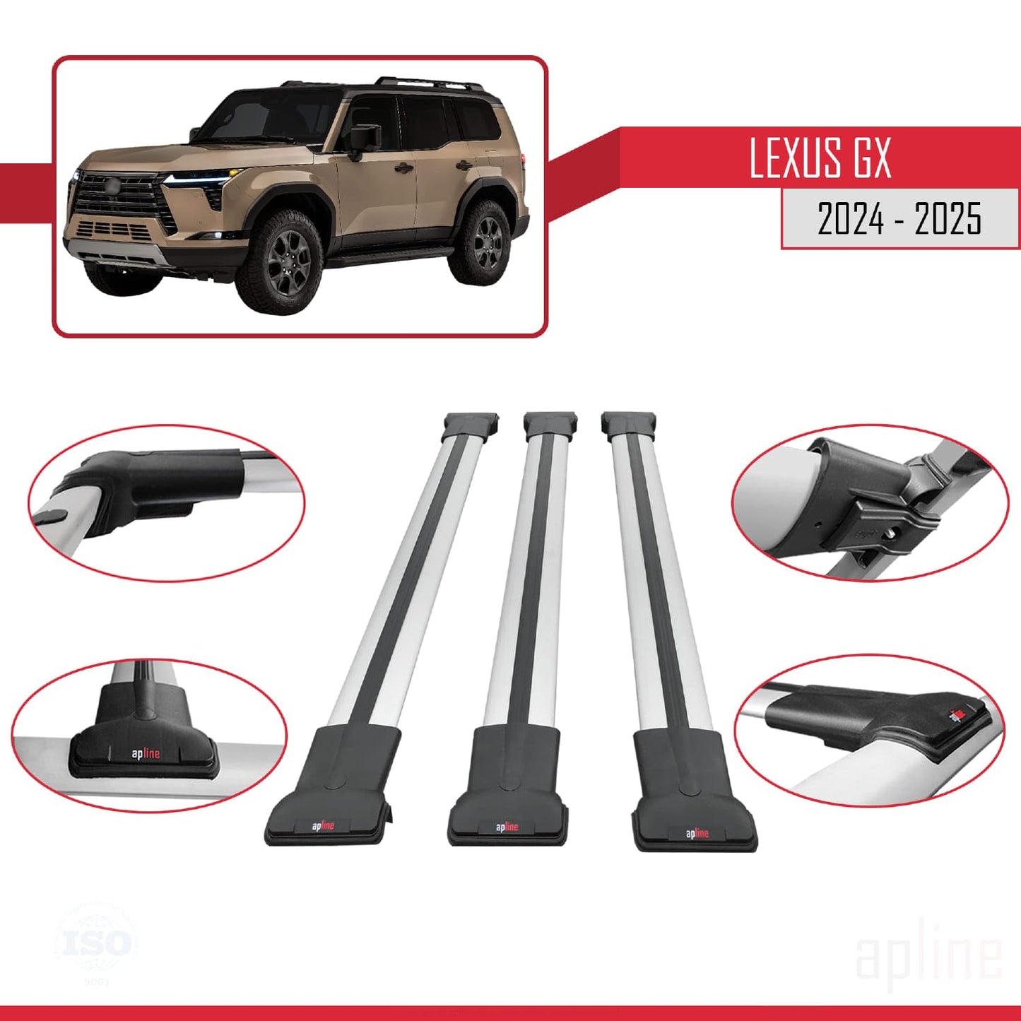 Compatible with Lexus GX 2024-2025 Fly Model Car Roof Rack Cross Bar Grey Aluminium 3 Bars