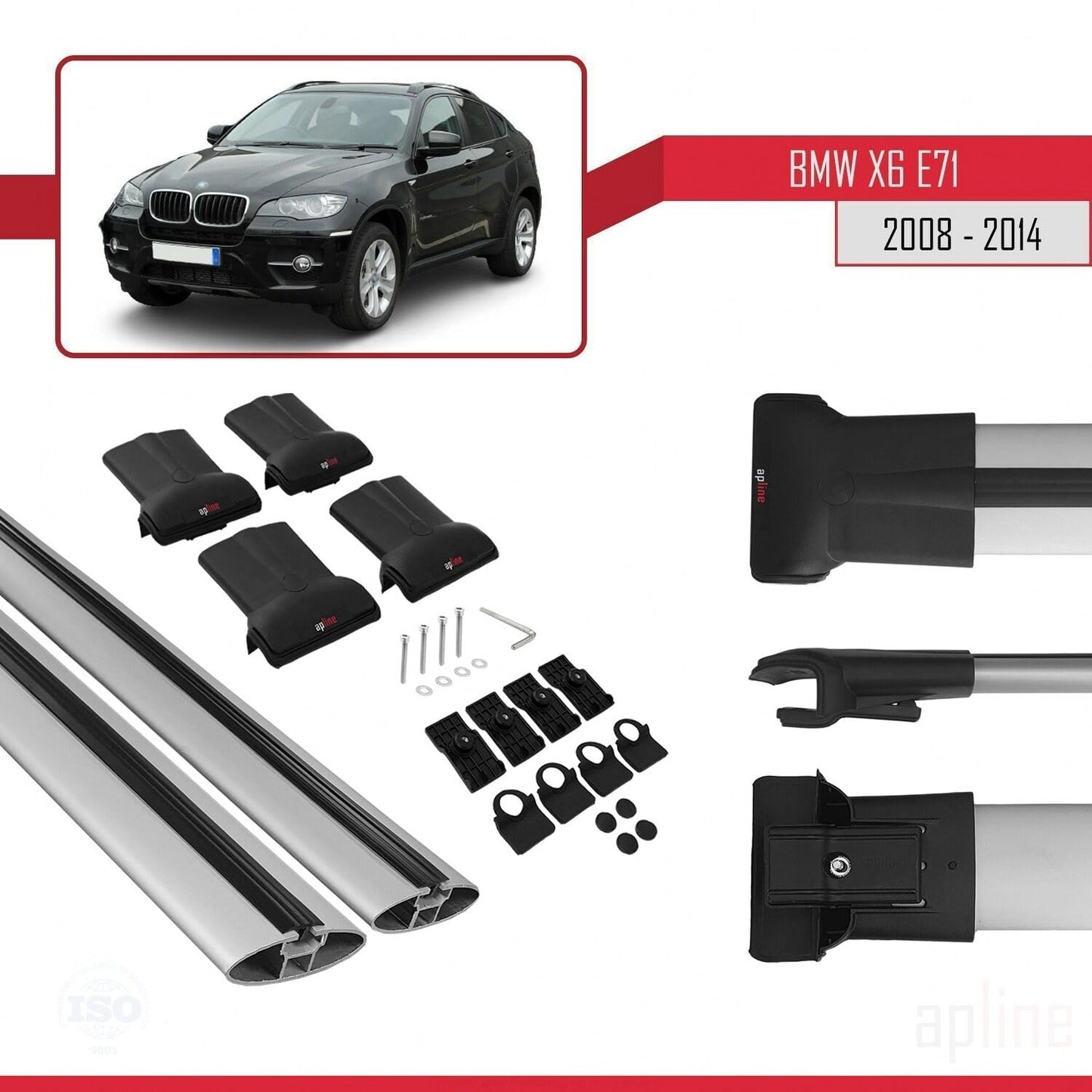 Compatible with BMW X6 (E71) 2008-2014 Fly Model Car Roof Rack Cross Bar Grey Aluminium 2 Bars