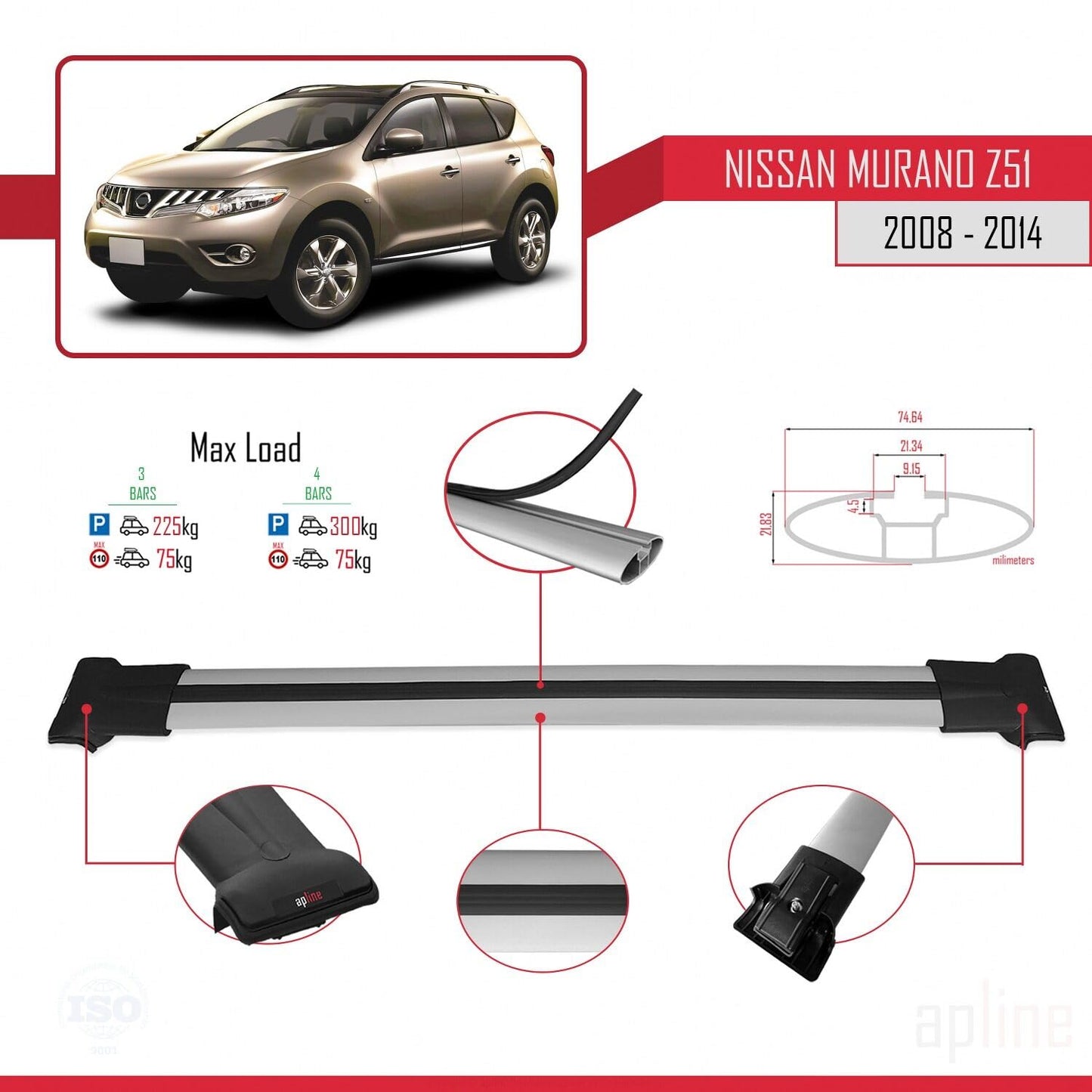 Compatible with Nissan Murano 2 (Z51) 2008-2014 Fly Model Car Roof Rack Cross Bar Grey Aluminium 3 Bars