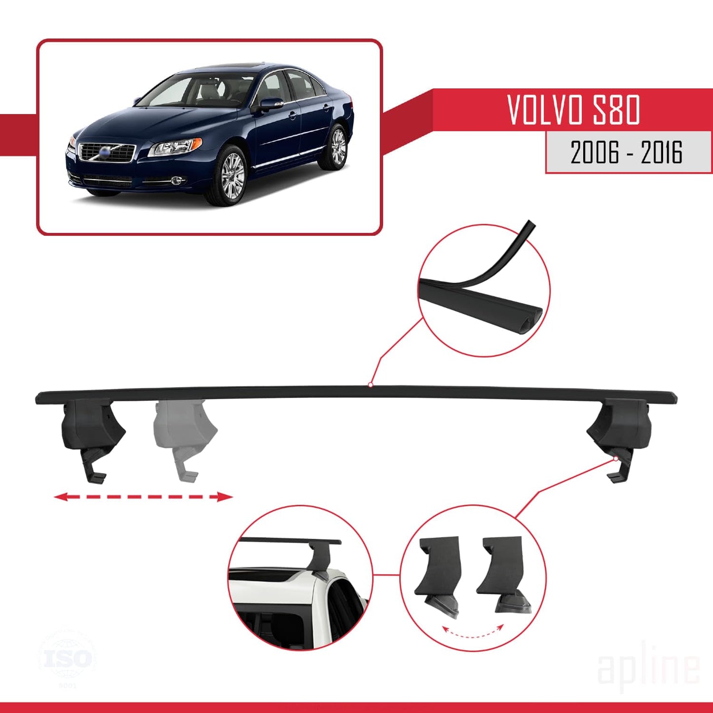 Compatible with Volvo S80 II 2006-2016 ACE-4 Car Roof Rack Cross Bar Black Aluminium 2 Bars