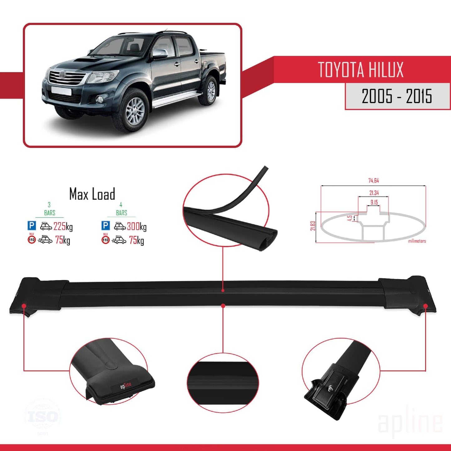 Compatible with Toyota Hilux 7 (AN30) 2005-2015 Fly Model Car Roof Rack Cross Bar Black Aluminium 3 Bars