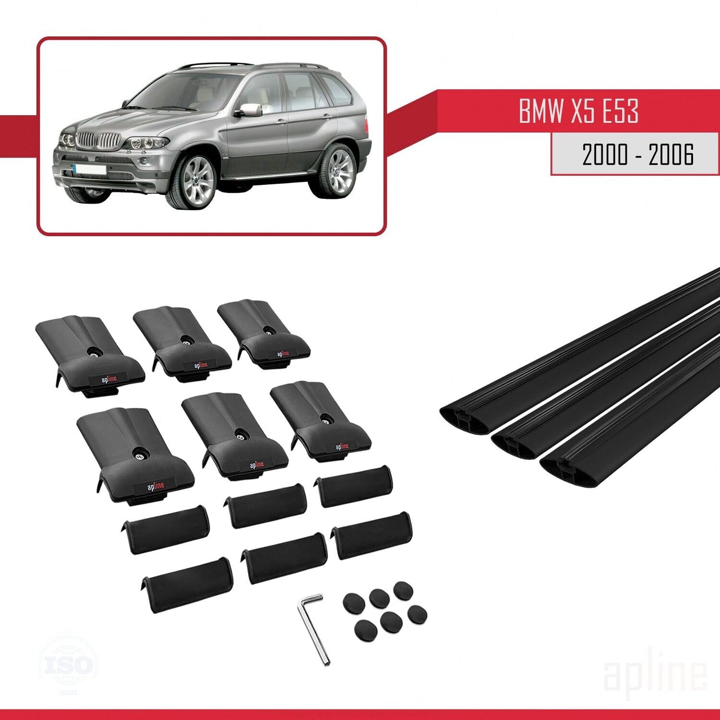 Compatible with BMW X5 (E53) 2000-2006 Fly Model Car Roof Rack Cross Bar Black Aluminium 3 Bars