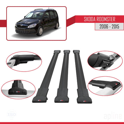 Compatible with Skoda Roomster 2006-2015 Fly Model Car Roof Rack Cross Bar Black Aluminium 3 Bars