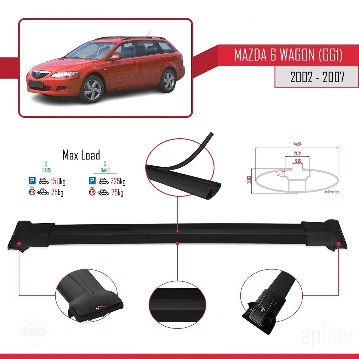 Compatible with Mazda 6 I (GG1) 2002-2007 Fly Model Car Roof Rack Cross Bar Black Aluminium 2 Bars