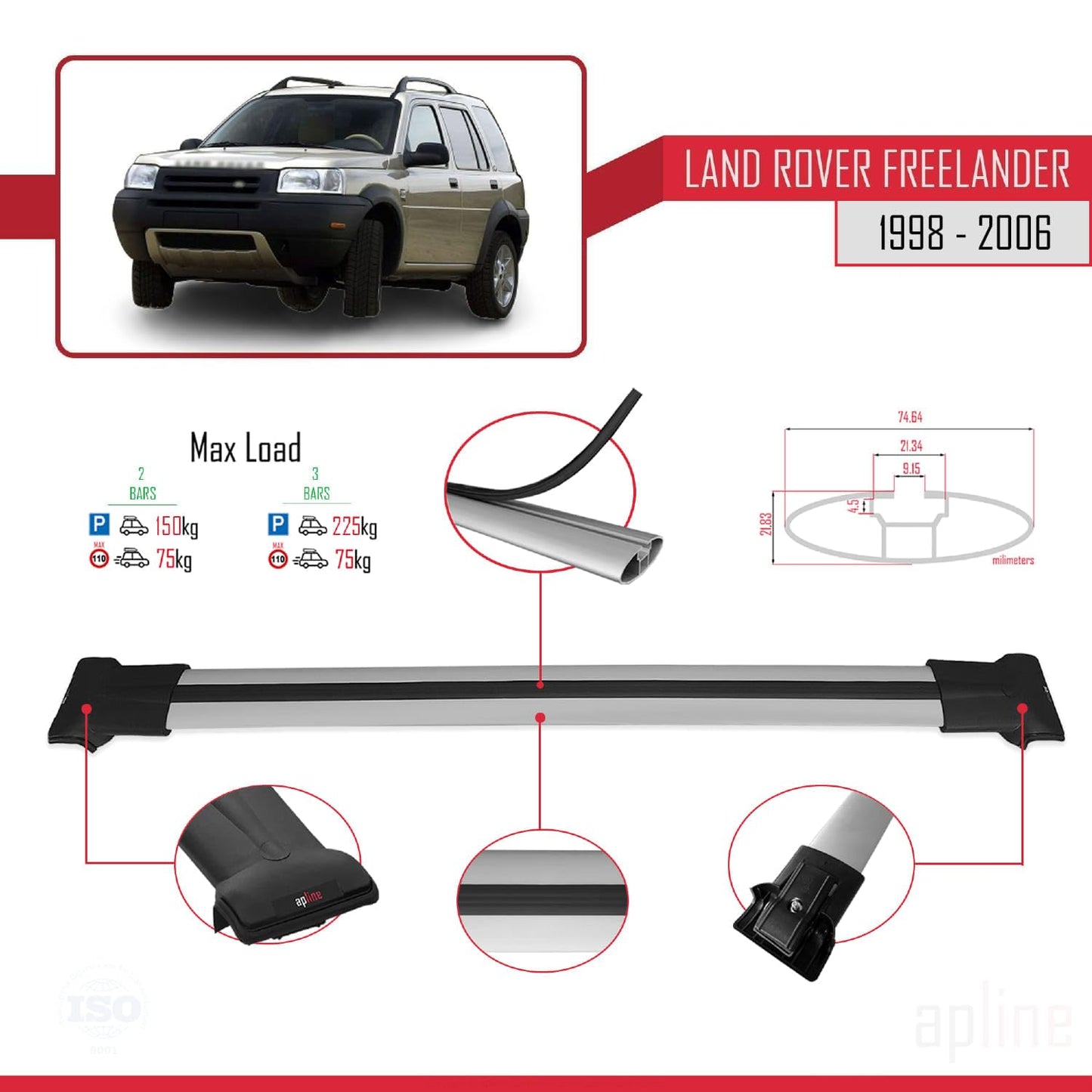 Compatible with Land Rover Freelander (L314) 1998-2006 Fly Model Car Roof Rack Cross Bar Grey Aluminium 2 Bars