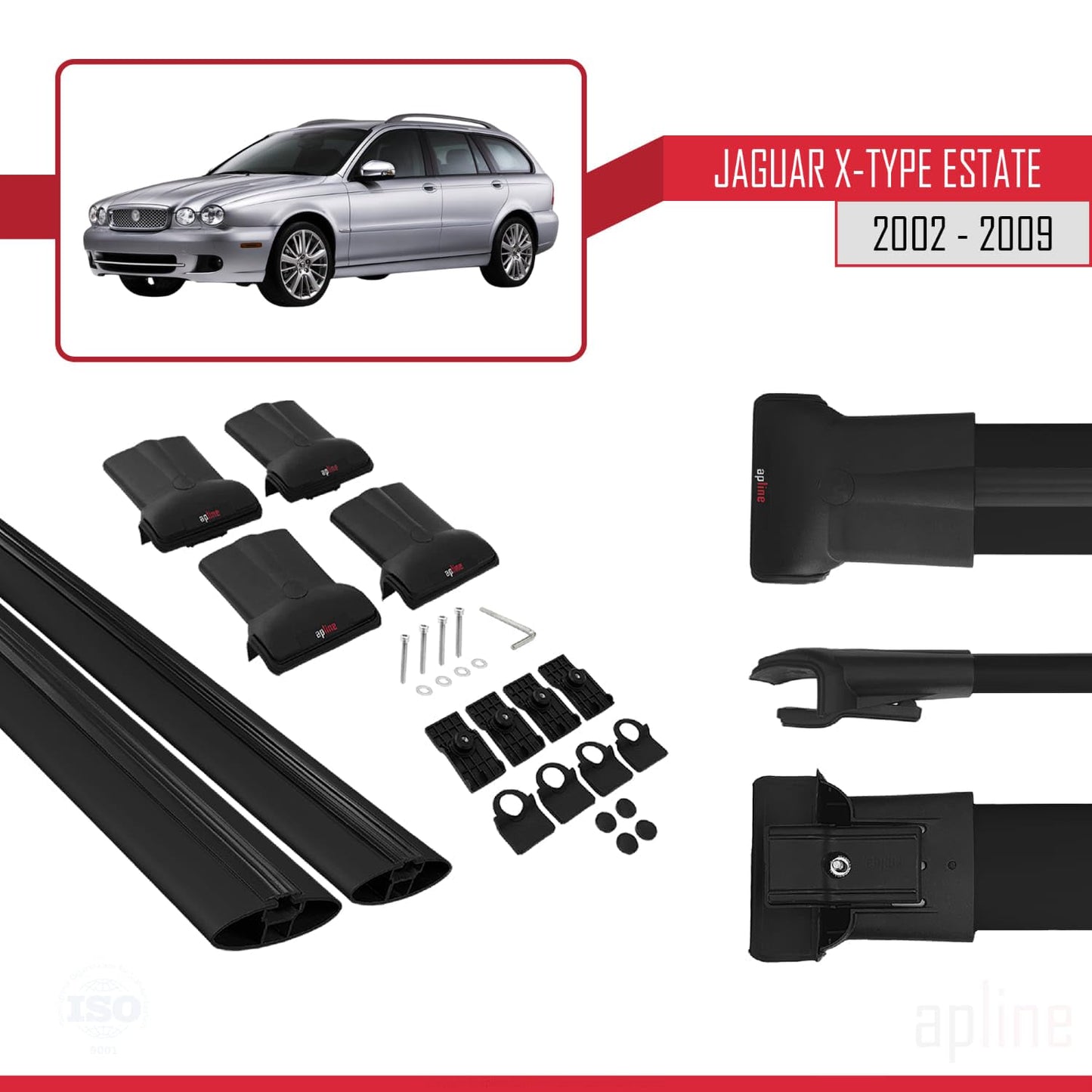 Compatible with Jaguar X-Type Estate 2002-2009 Fly Model Car Roof Rack Cross Bar Black Aluminium 2 Bars