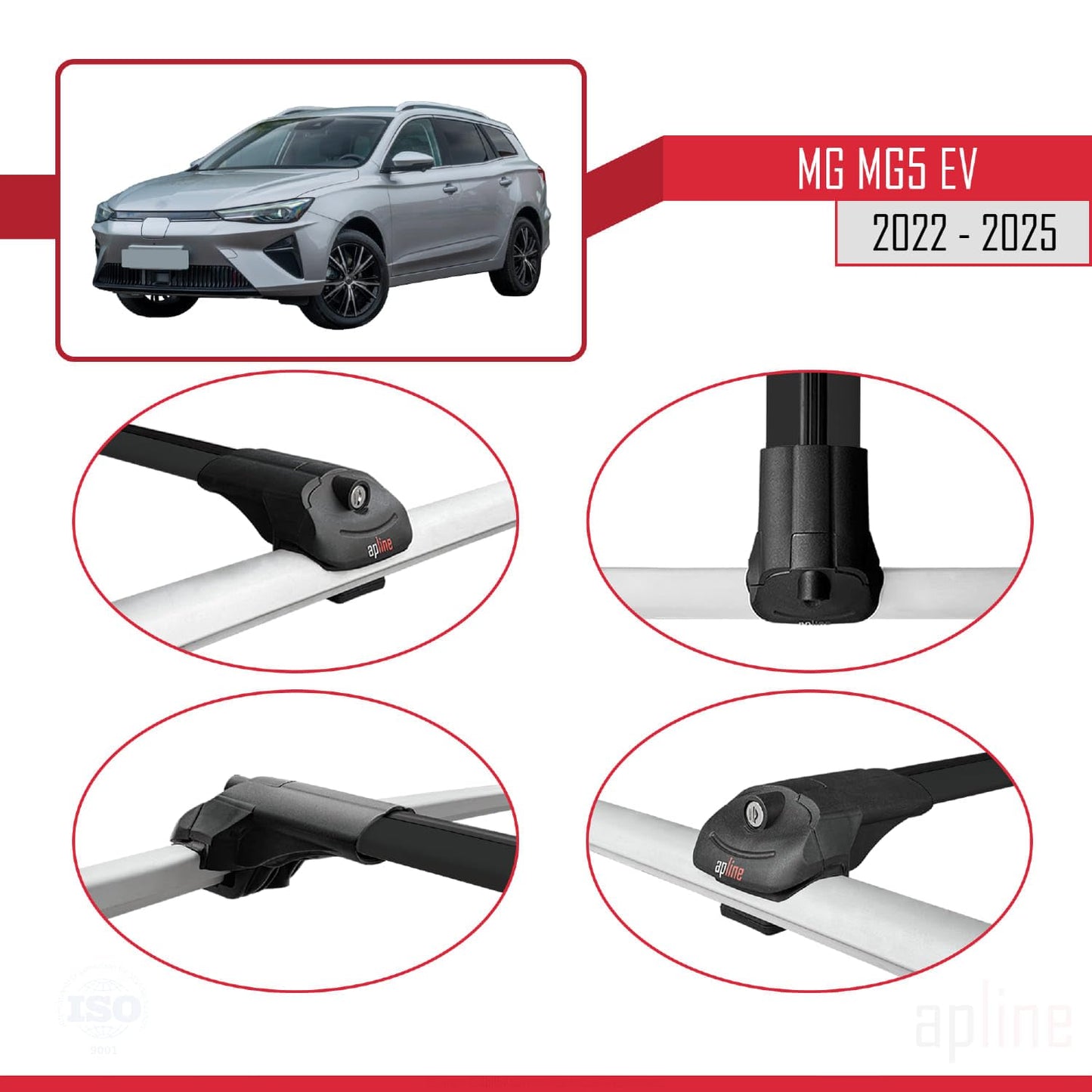 Compatible with MG 5 EV 2022-2025 ACE-1 Car Roof Rack Cross Bar Black Aluminium 3 Bars