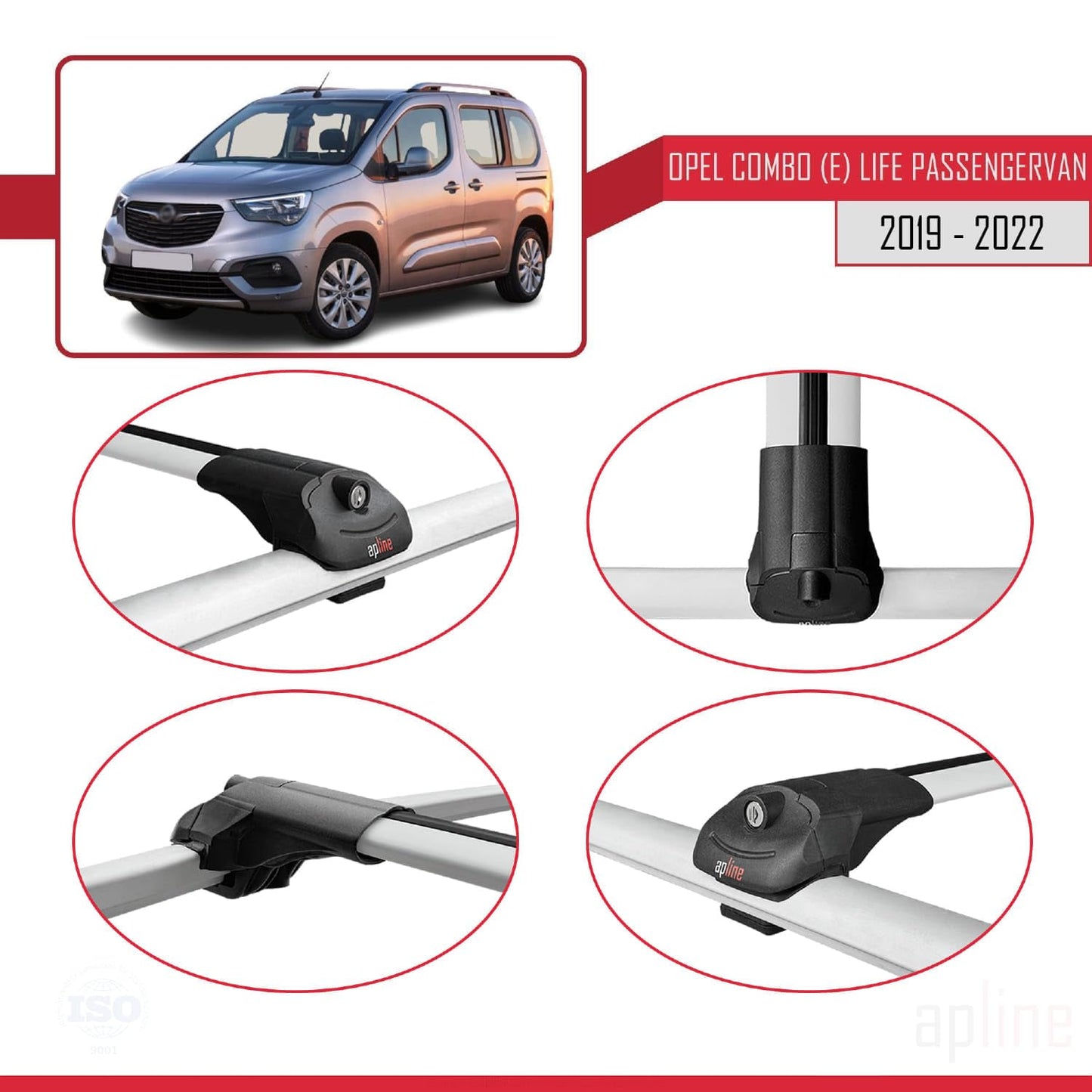 Compatible with Opel Combo E Life 2019-2022 ACE-1 Car Roof Rack Cross Bar Grey Aluminium 3 Bars