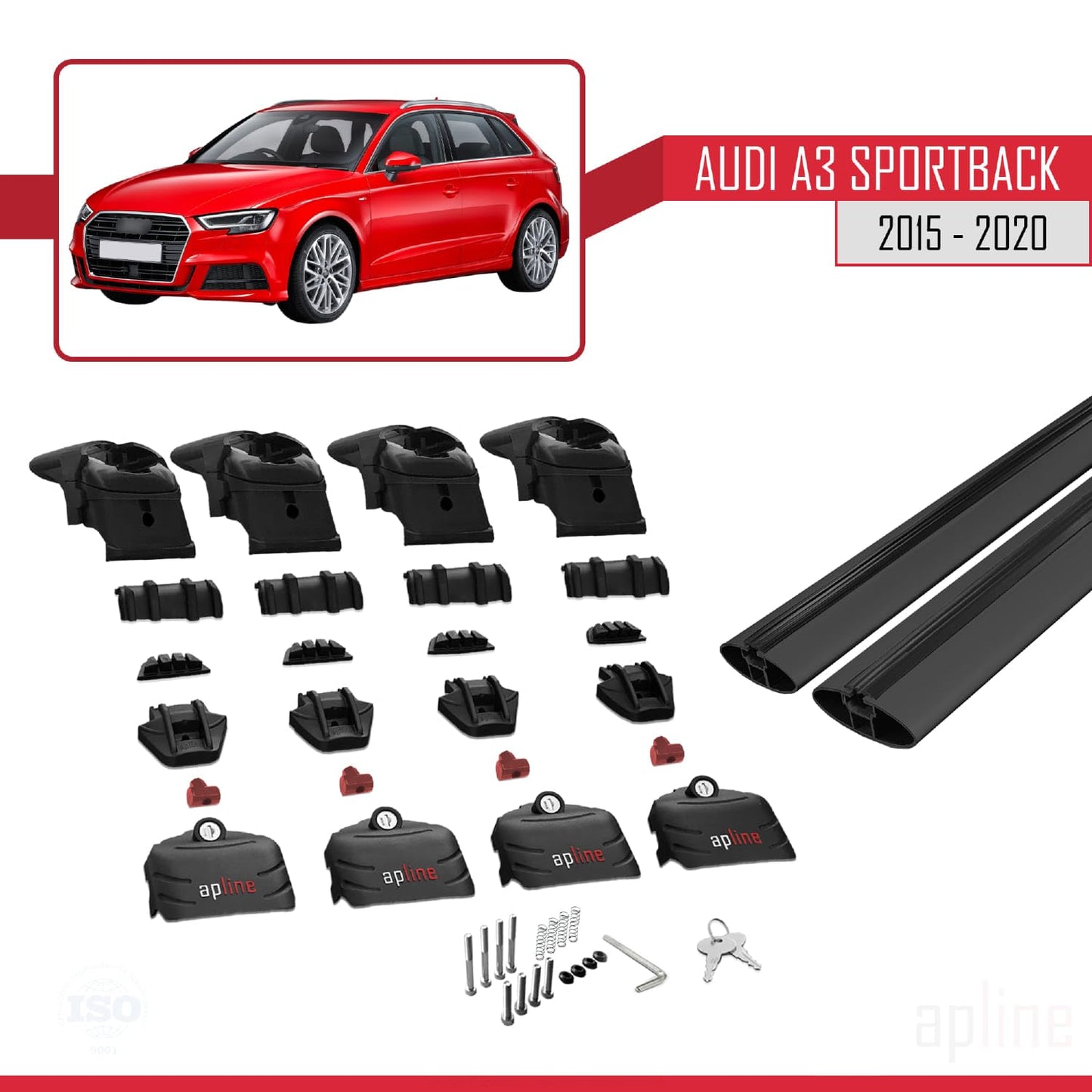 Compatible with Audi A3 Sportback 2015-2020 ACE-2 Car Roof Rack Cross Bar Black Aluminium 2 Bars