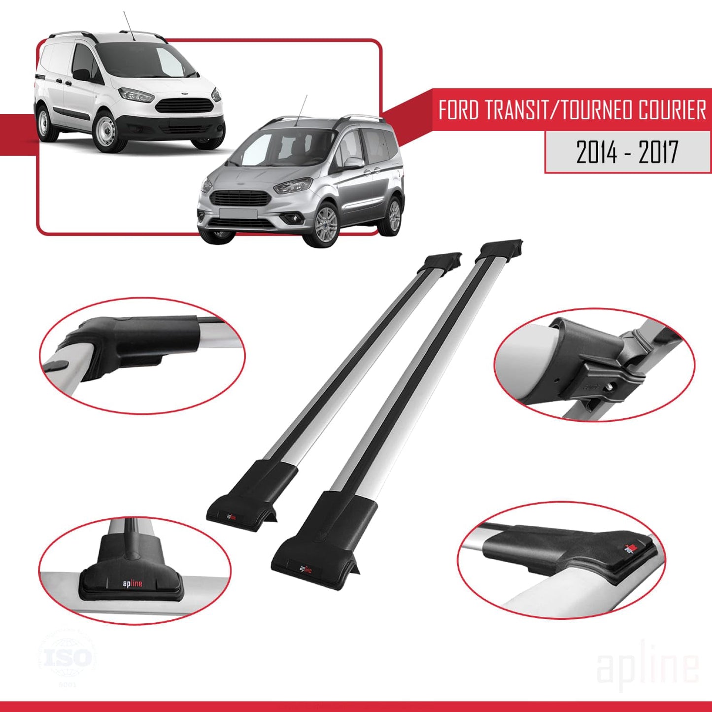 Compatible with Ford Transit/Tourneo Courier Pre-Facelift 2014-2017 Fly Model Car Roof Rack Cross Bar Grey Aluminium 2 Bars