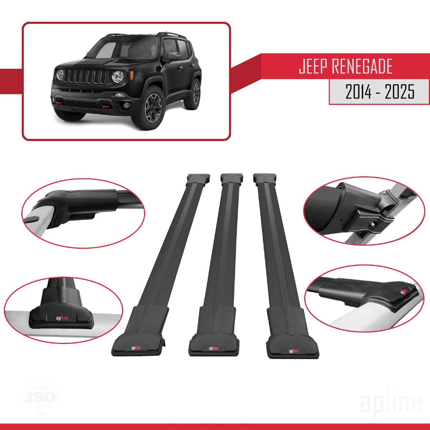 Compatible with Jeep Renegade (BU) 2014-2025 Fly Model Car Roof Rack Cross Bar Black Aluminium 3 Bars