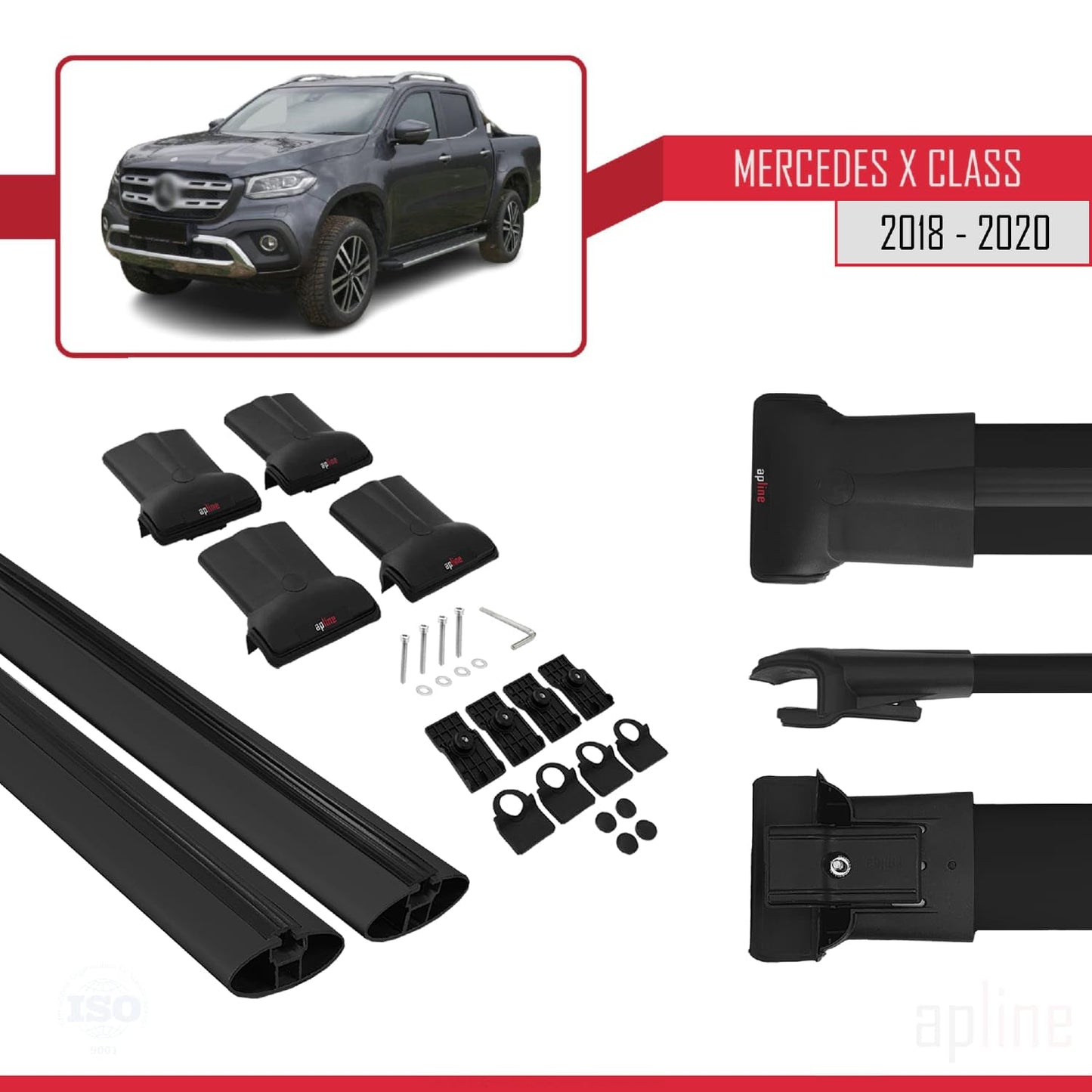 Compatible with Mercedes X Class (470) 2018-2020 Fly Model Car Roof Rack Cross Bar Black Aluminium 2 Bars