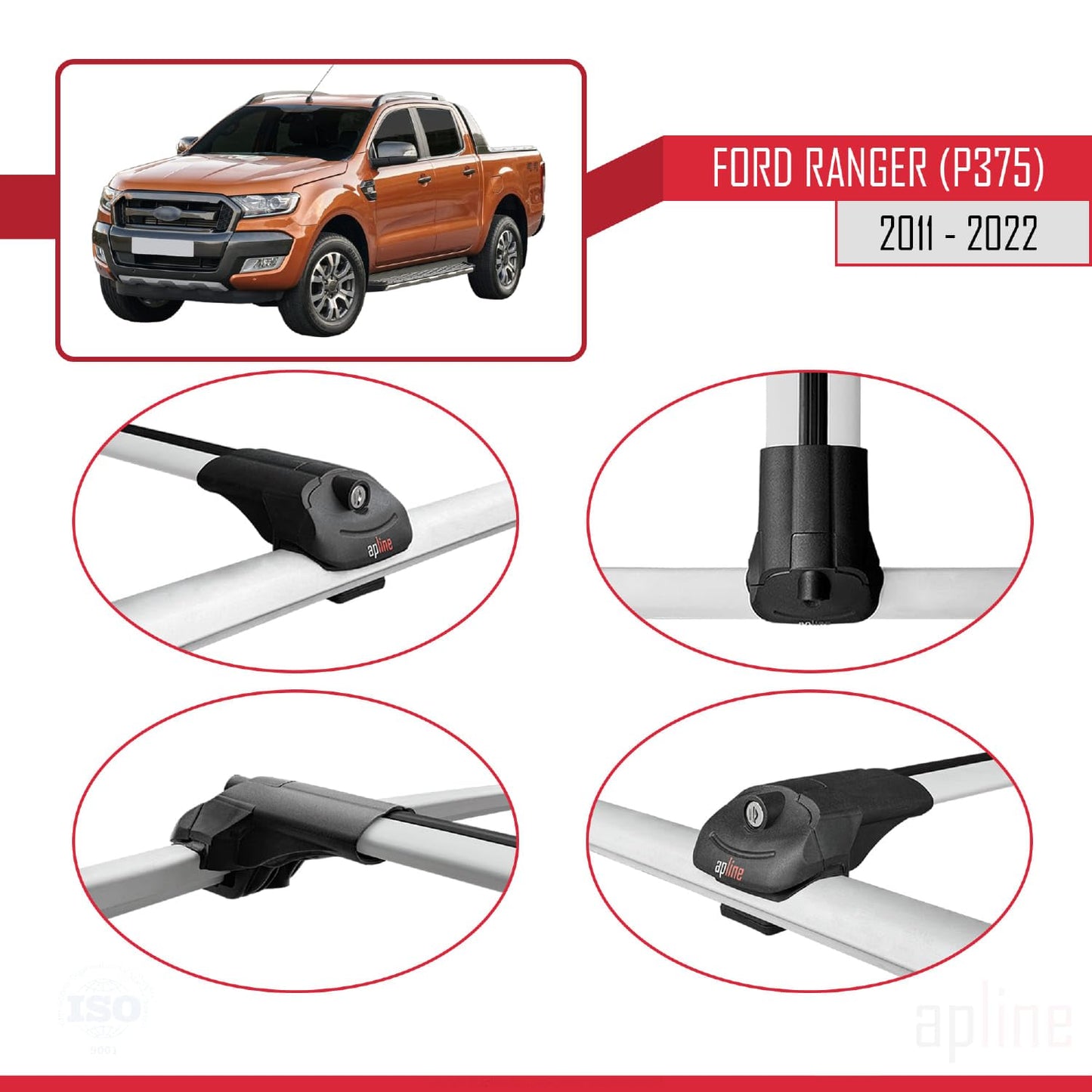 Compatible with Ford Ranger (P375) 2011-2022 ACE-1 Car Roof Rack Cross Bar Grey Aluminium 2 Bars