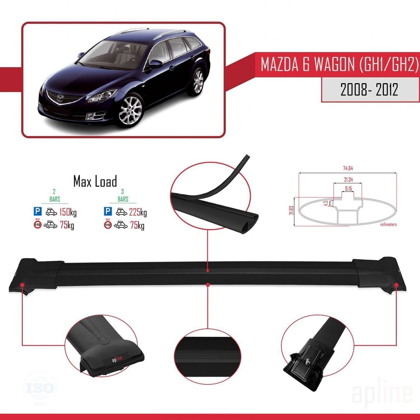 Compatible with Mazda 6 II (GZ) Wagon 2008-2012 Fly Model Car Roof Rack Cross Bar Black Aluminium 2 Bars