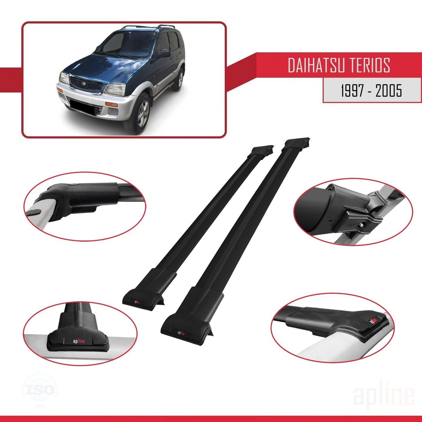Compatible with Daihatsu Terios (J100) 1997-2005 Fly Model Car Roof Rack Cross Bar Black Aluminium 2 Bars
