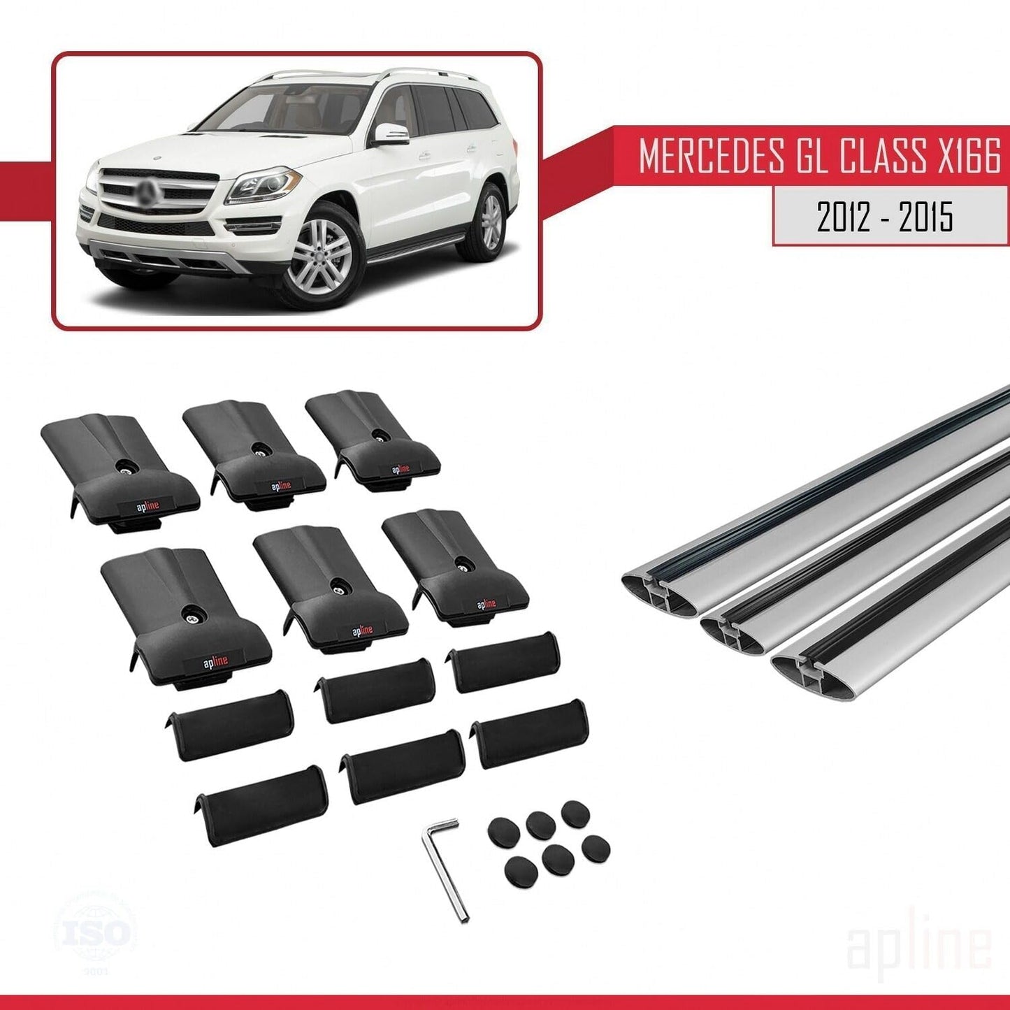 Compatible with Mercedes GL Class 2 (X166) Pre-Facelift 2013-2015 Fly Model Car Roof Rack Cross Bar Grey Aluminium 3 Bars