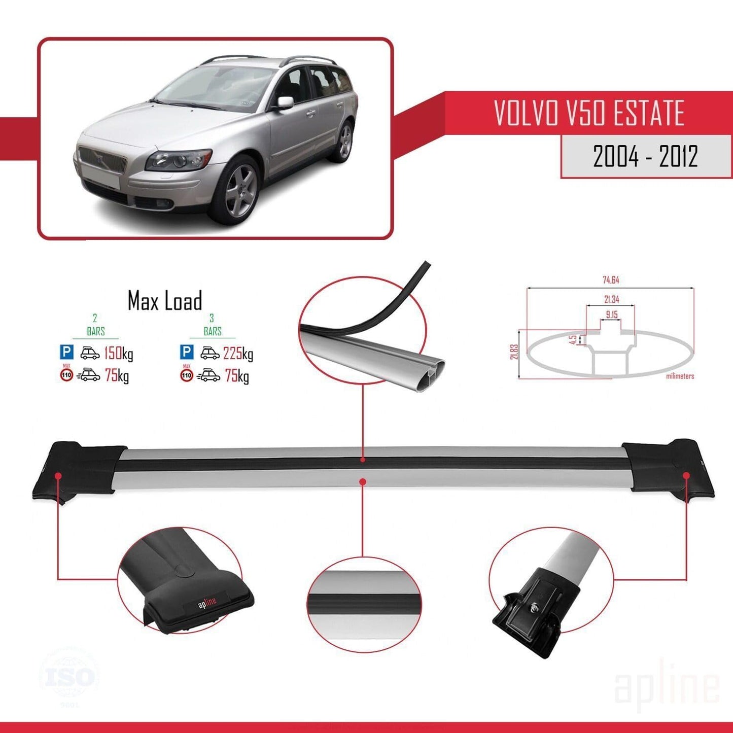 Compatible with Volvo V50 2004-2012 Fly Model Car Roof Rack Cross Bar Grey Aluminium 2 Bars