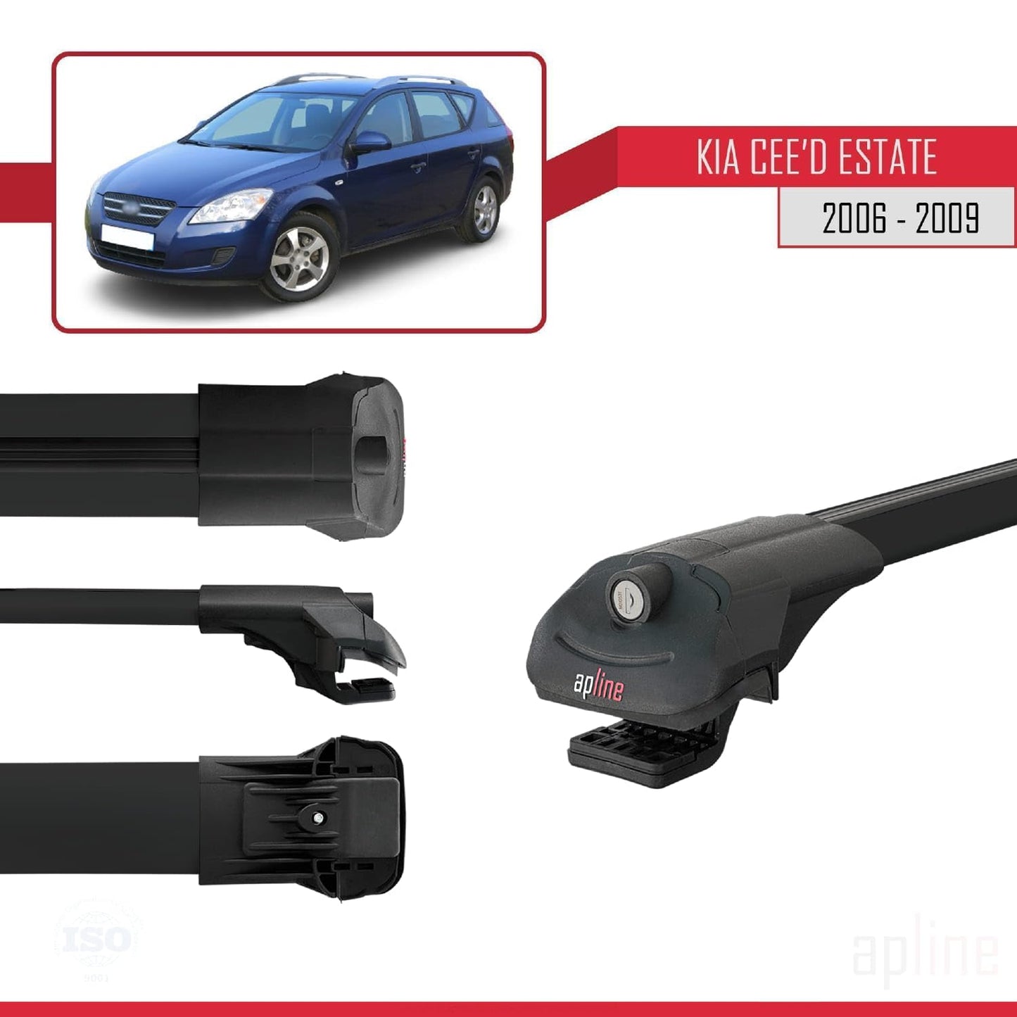 Compatible with Kia Ceed (ED) SW Pre-Facelift 2006-2009 ACE-1 Car Roof Rack Cross Bar Black Aluminium 3 Bars