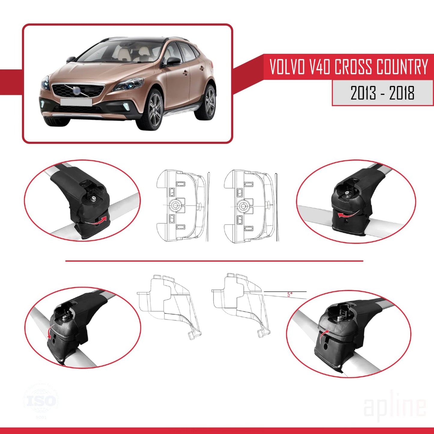 Compatible with Volvo V40 Cross Country 2013-2018 ACE-2 Car Roof Rack Cross Bar Grey Aluminium 2 Bars