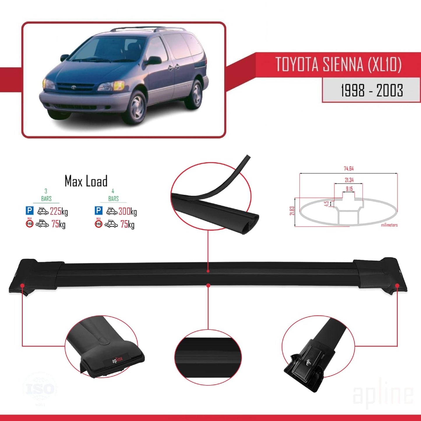 Compatible with Toyota Sienna (XL10) 1998-2003 Fly Model Car Roof Rack Cross Bar Black Aluminium 3 Bars