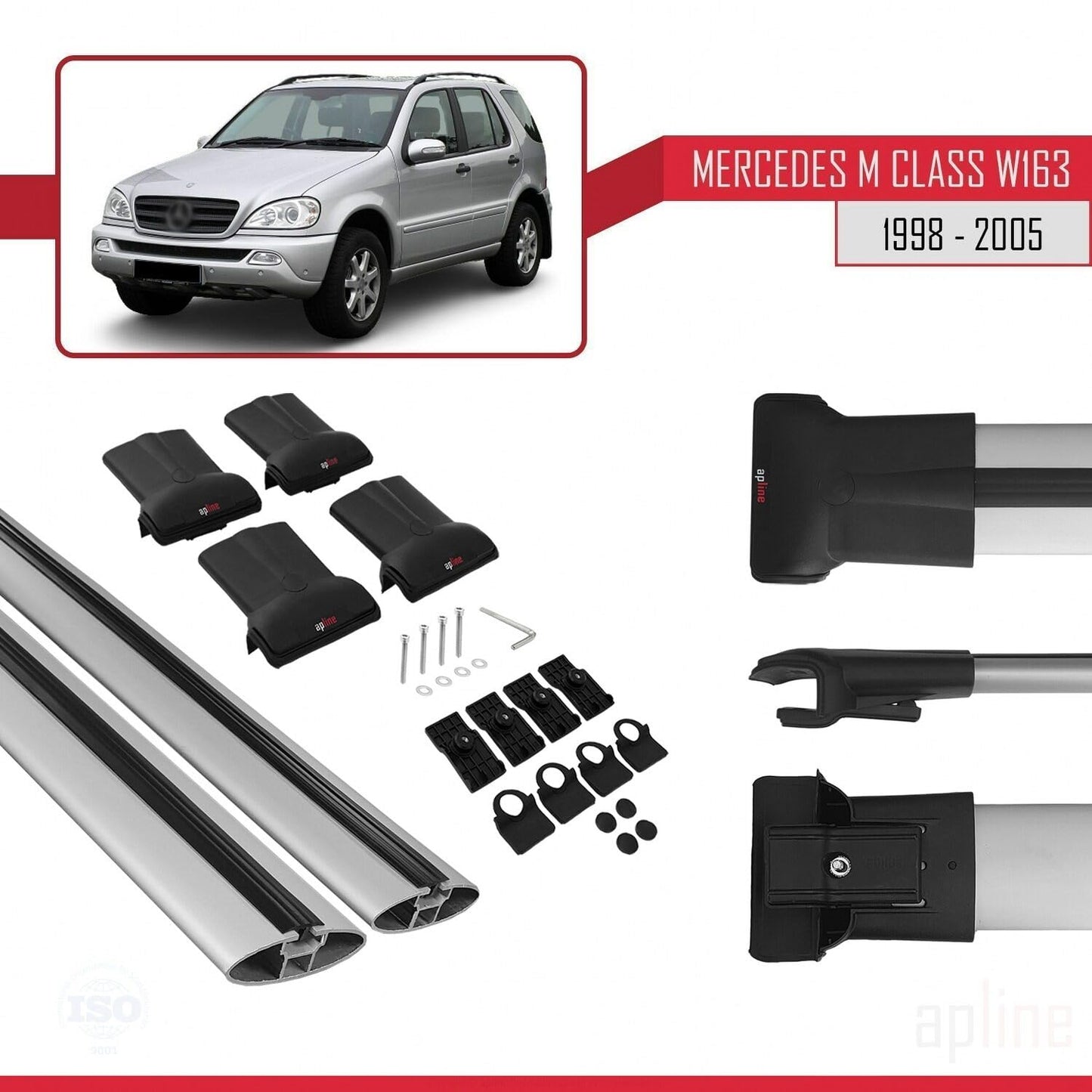 Compatible with Mercedes M Class (W163) 1998-2005 Fly Model Car Roof Rack Cross Bar Grey Aluminium 2 Bars