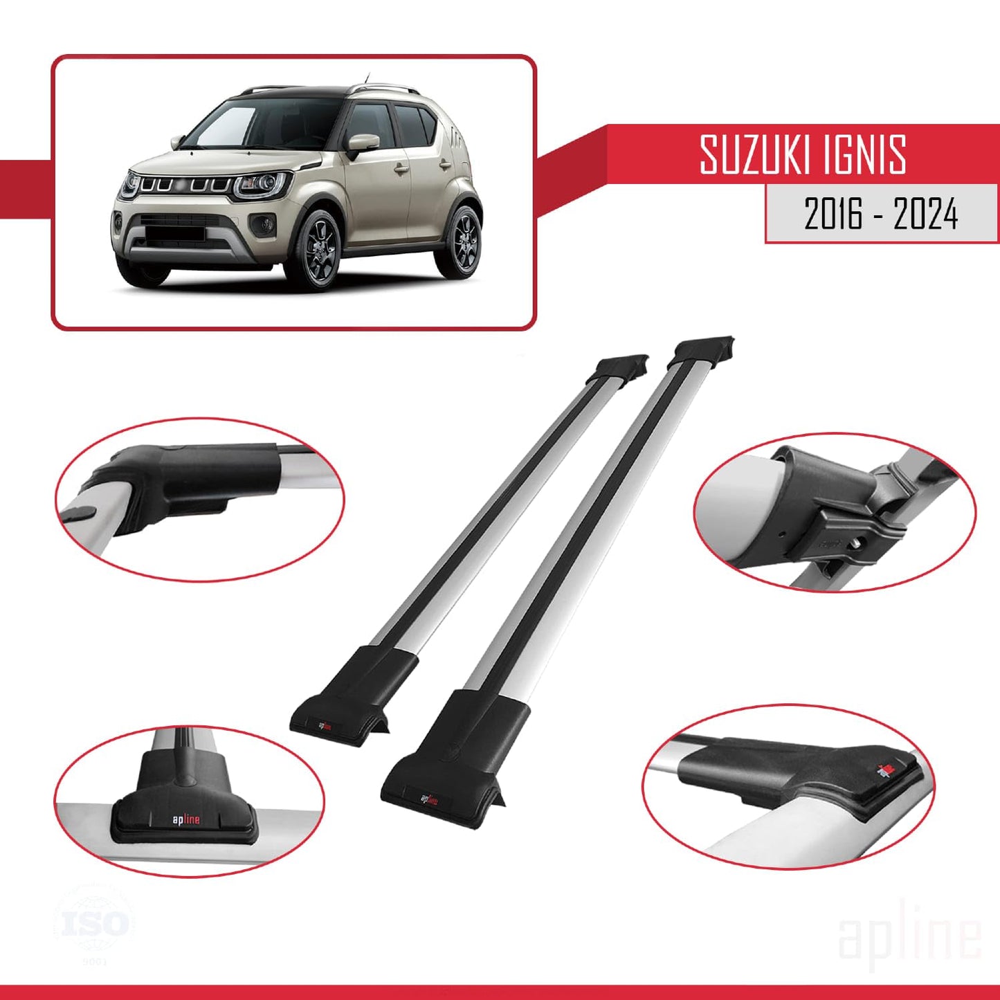 Compatible with Suzuki Ignis 2016-2024 Fly Model Car Roof Rack Cross Bar Grey Aluminium 2 Bars
